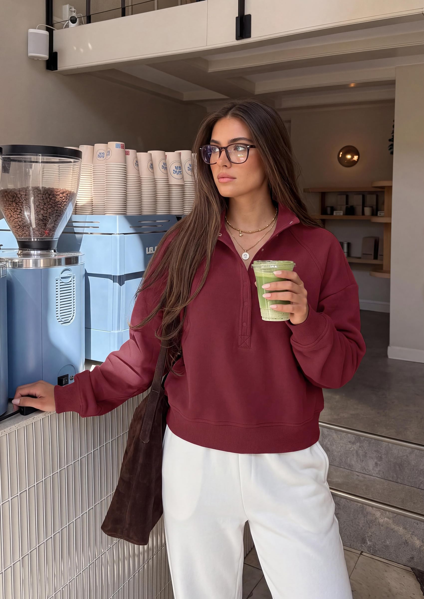 Women's Fall Oversized Sweatshirts Mock Neck Henley Pullover