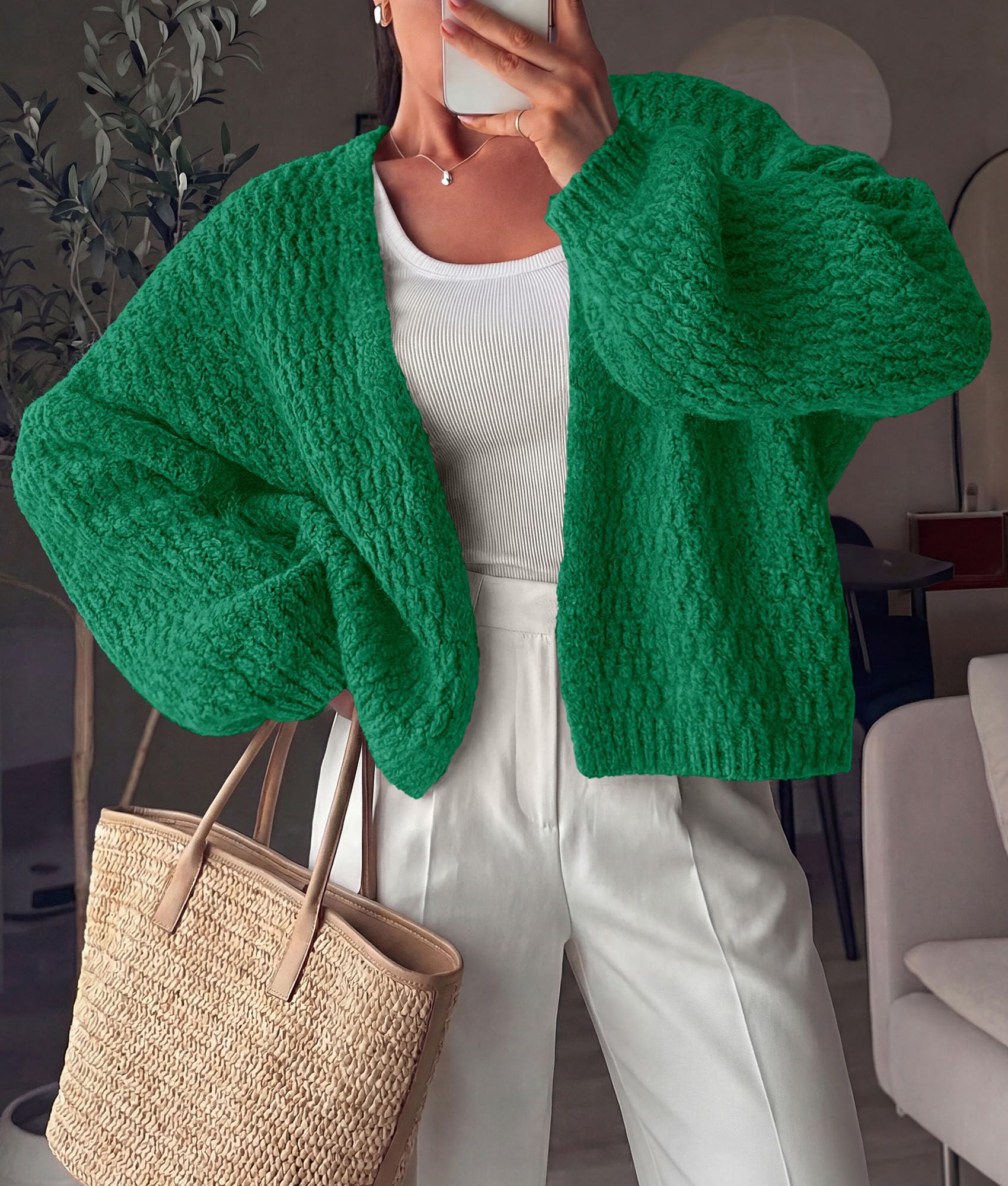 Women's Fall Cardigan Open Front Chunky Sweaters Green S