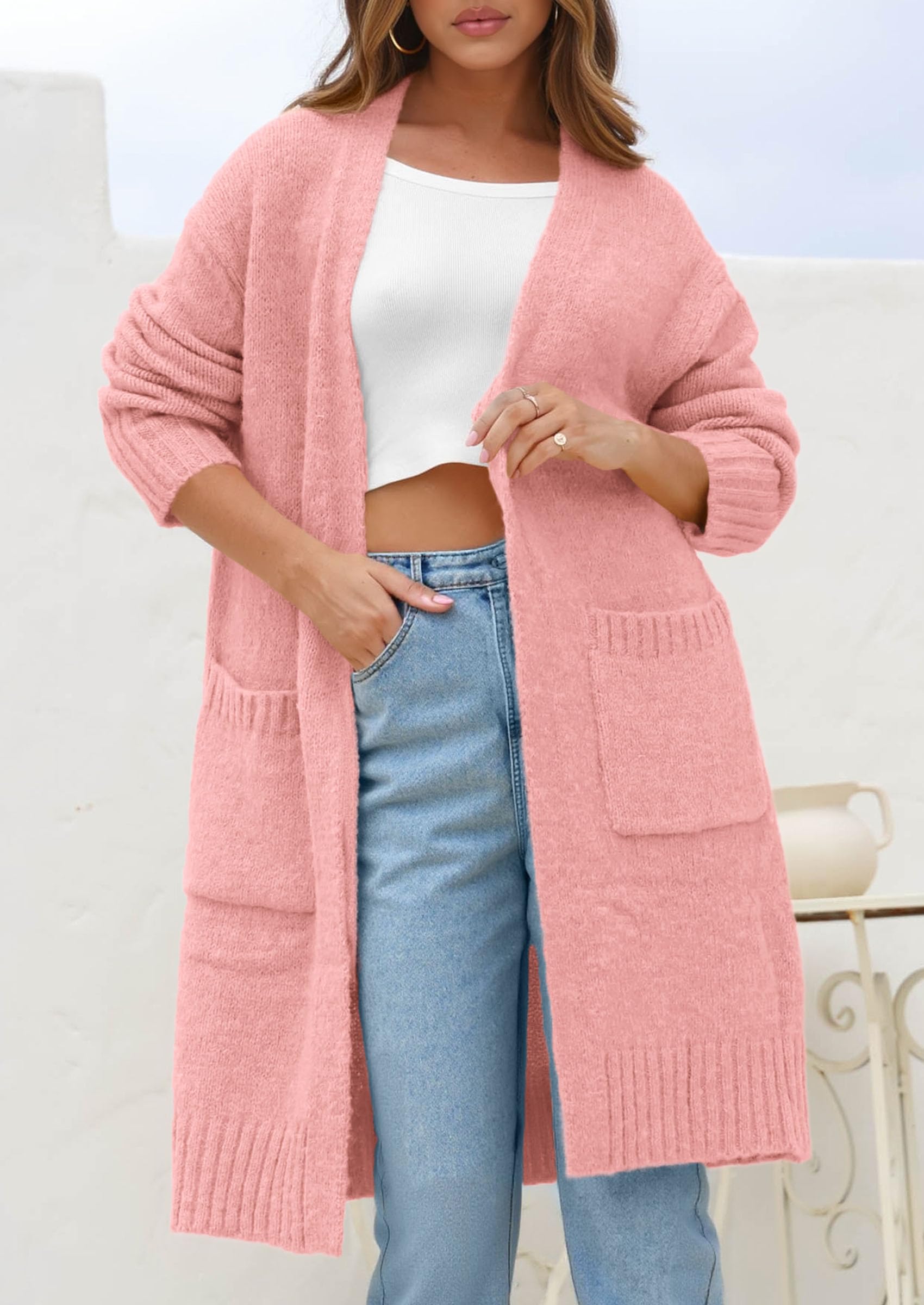Open Front Cardigan Sweaters for Women,Pink,S