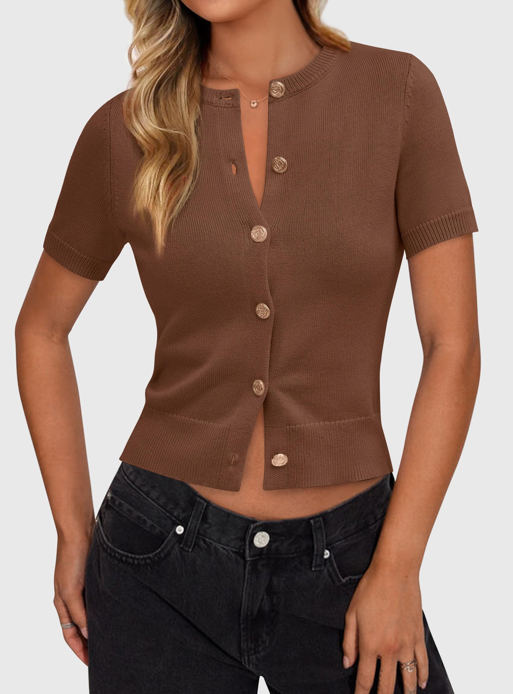 Womens Summer Cardigan Short Sleeve Sweater,Brown,S