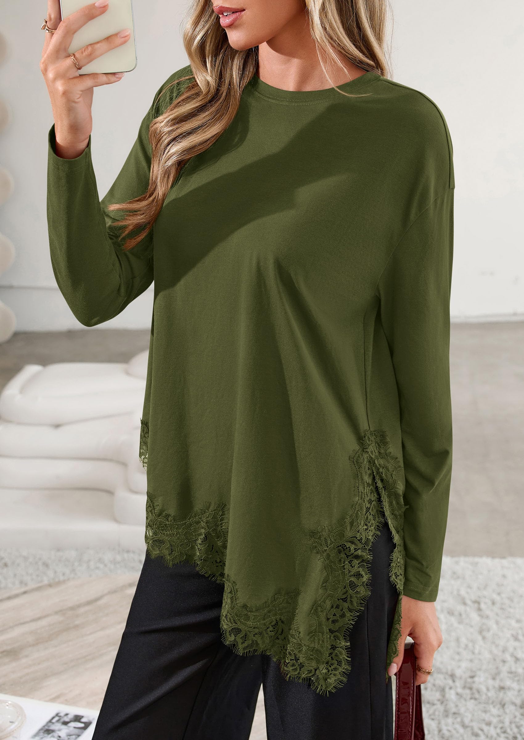 Women's Long Sleeve Asymmetrical Lace Tops Oversized Tshirts