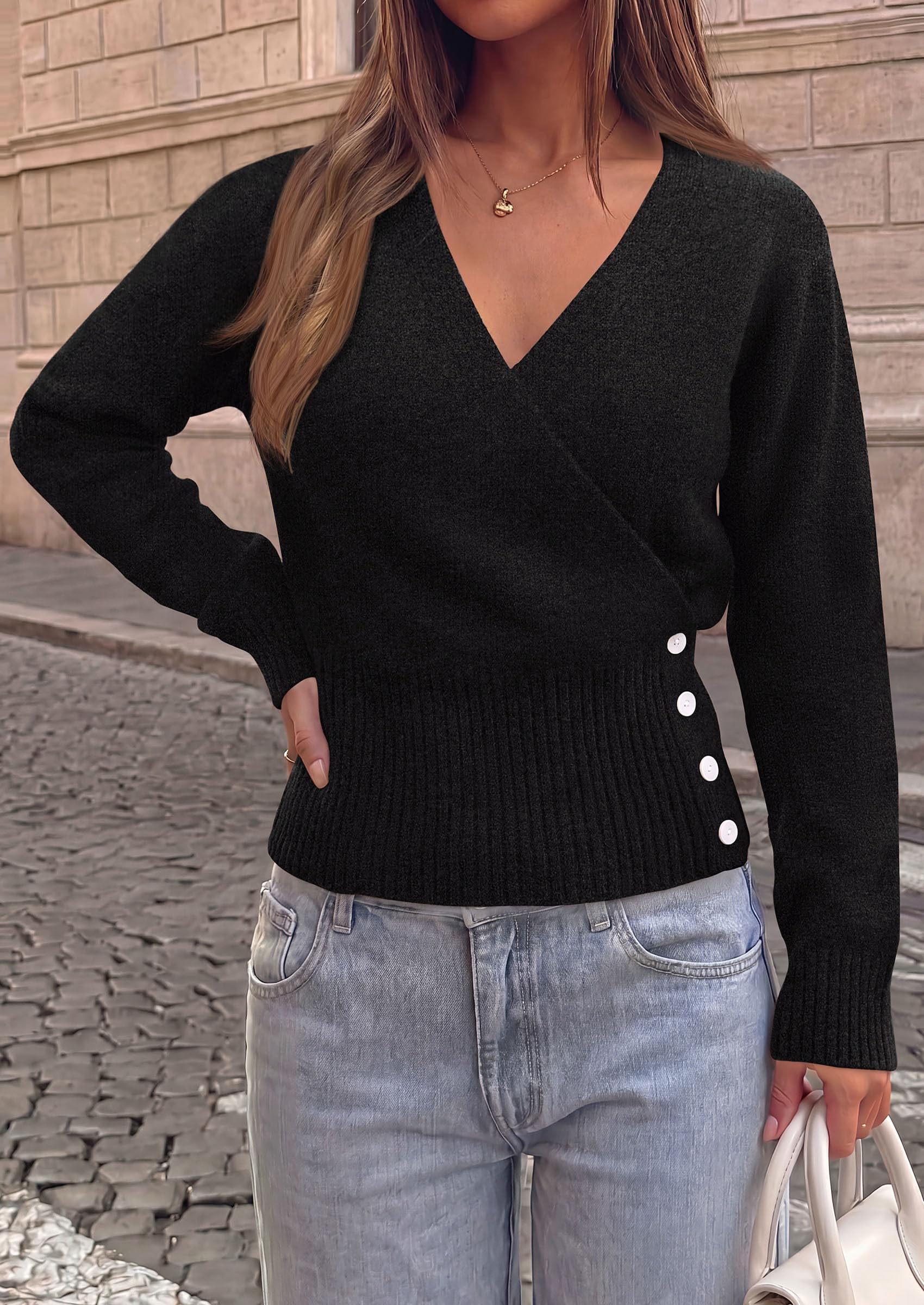 Women V Neck Wrap Sweater Cropped Tops (Black,S)