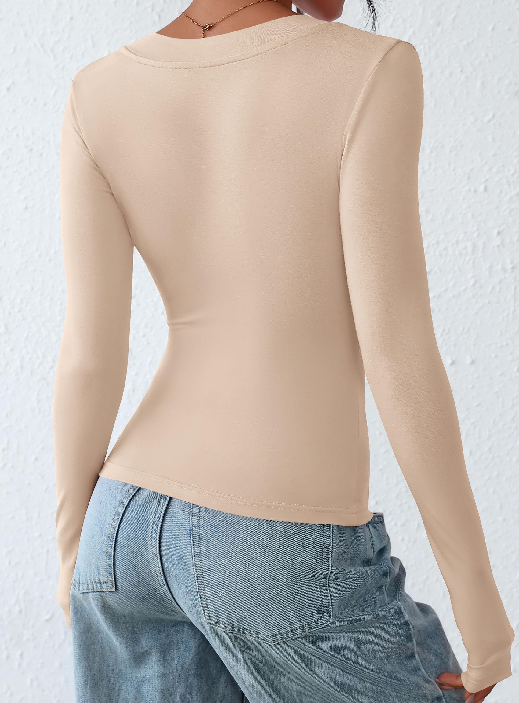Women's V Neck Long Sleeve Shirts,Apricot,X-S