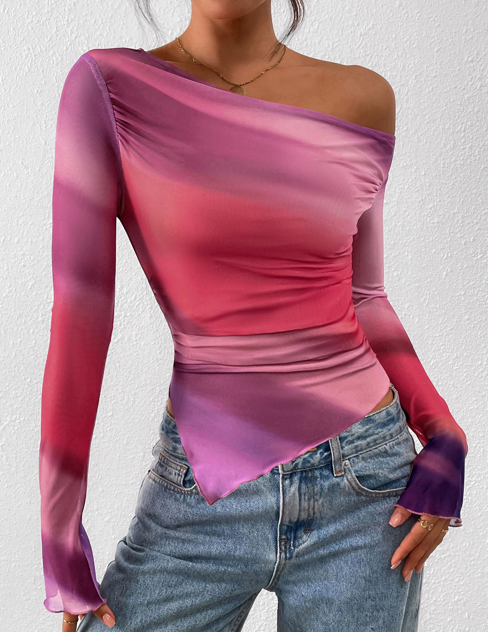 Womens Off Shoulder Mesh Y2k Tops,Multicolour Print,XS