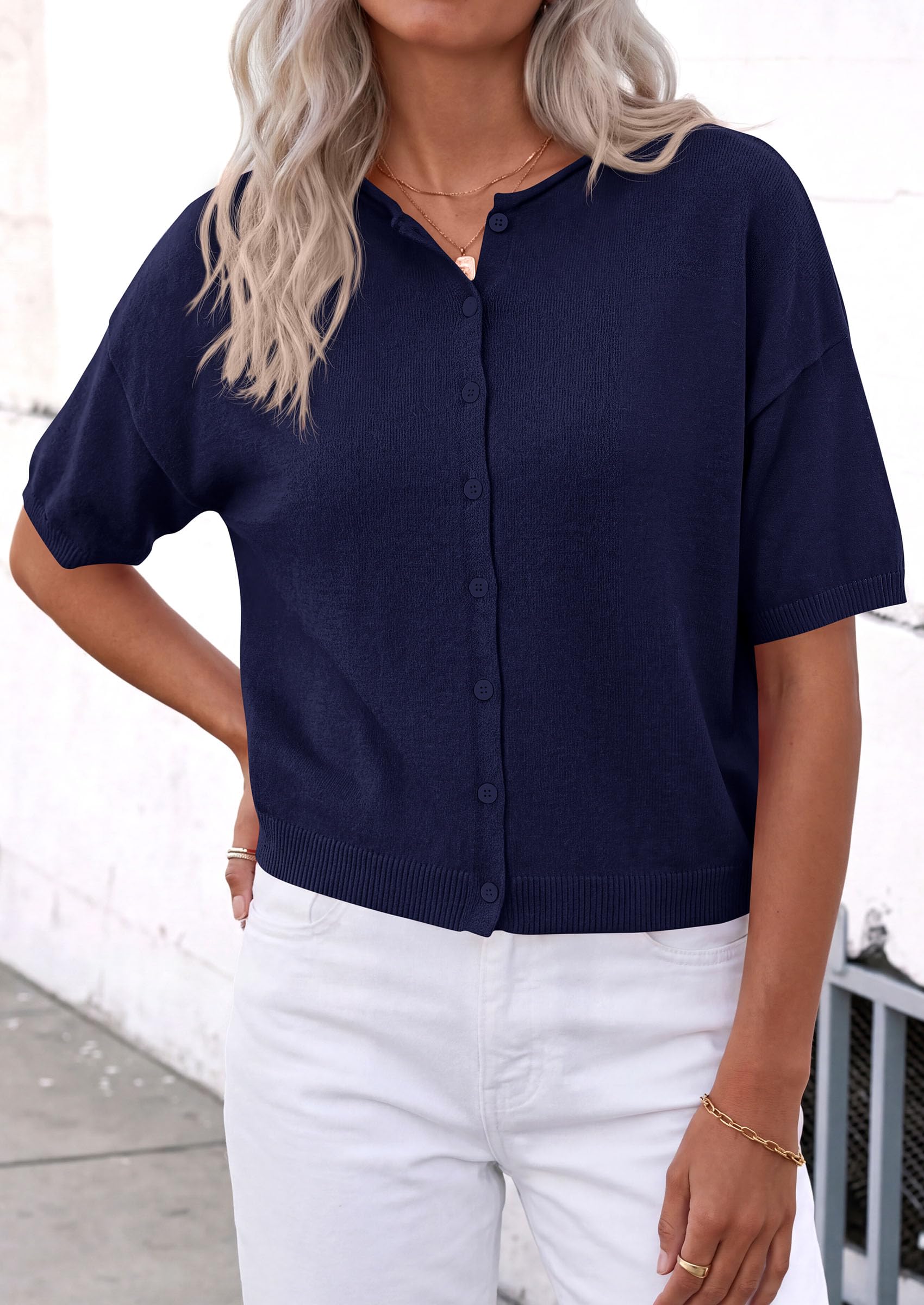Women's Short Sleeve Cardigan Sweaters (Navy Blue,Small)