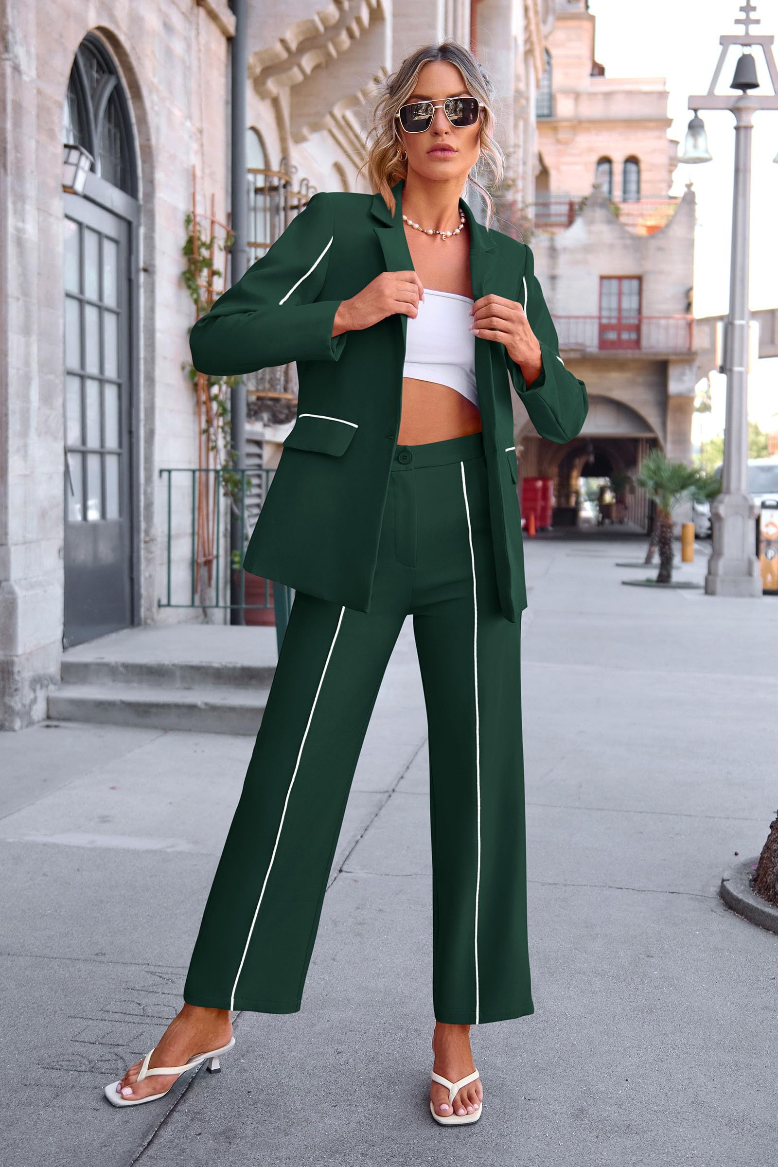 Women's 2 Piece Blazer Business Casual Outfits(Dark Green,L)