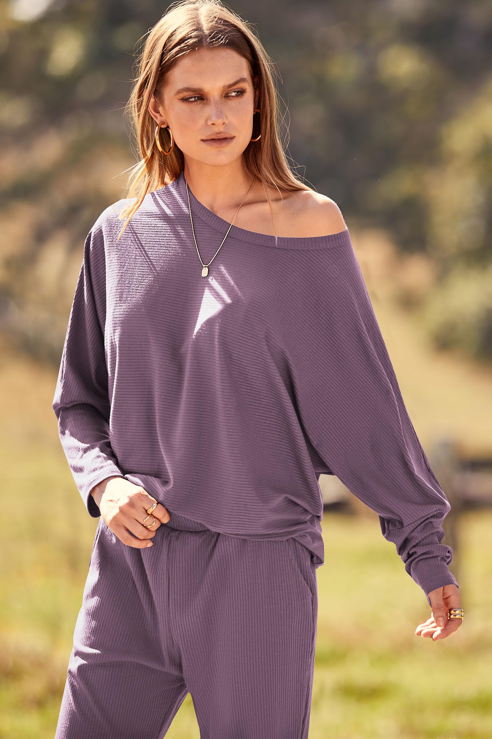 Women's 2 Piece Fall Outfits Matching Ribbed Knit Lounge Sets