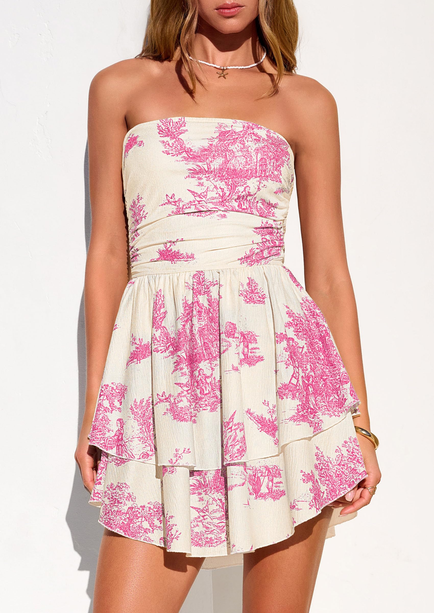 Women's Summer Strapless Flowy Mini Dresses (Floral Pink,S)