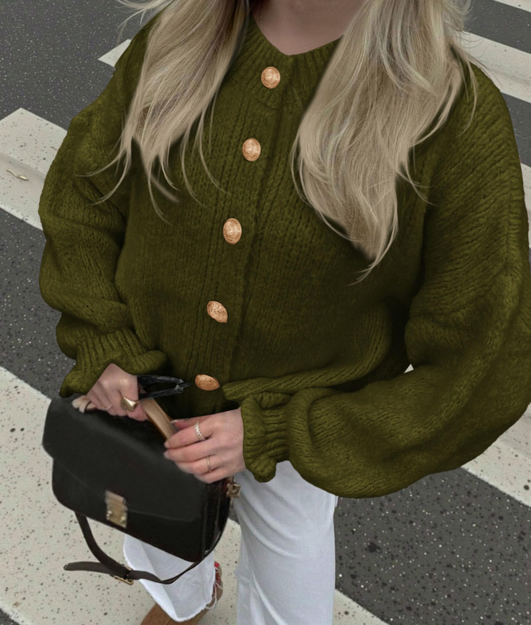 Womens Long Sleeve Chunky Knit Cardigan Sweaters Army Green