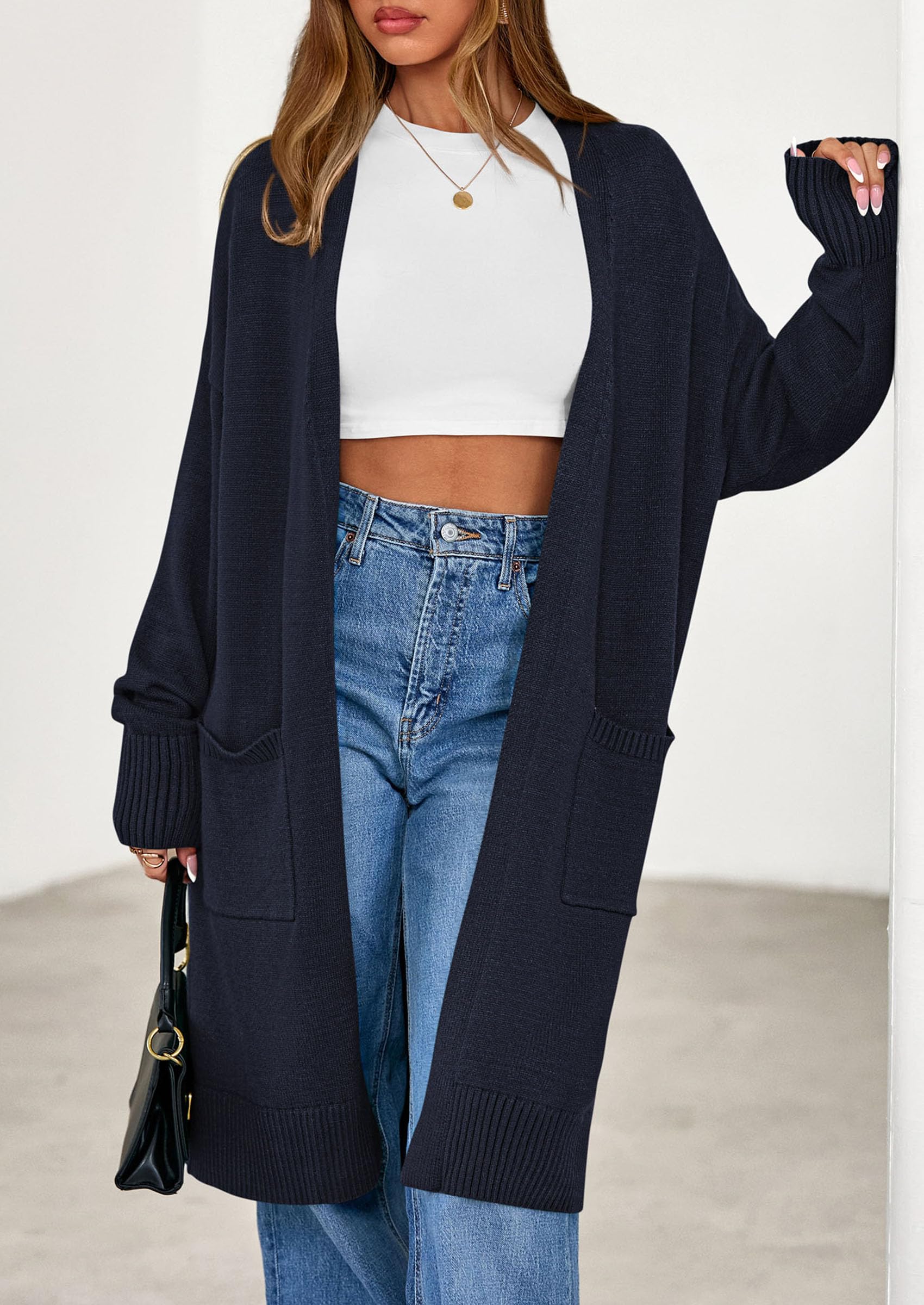 Women's Oversized Open Front Long Knit Cardigan,Navy,S