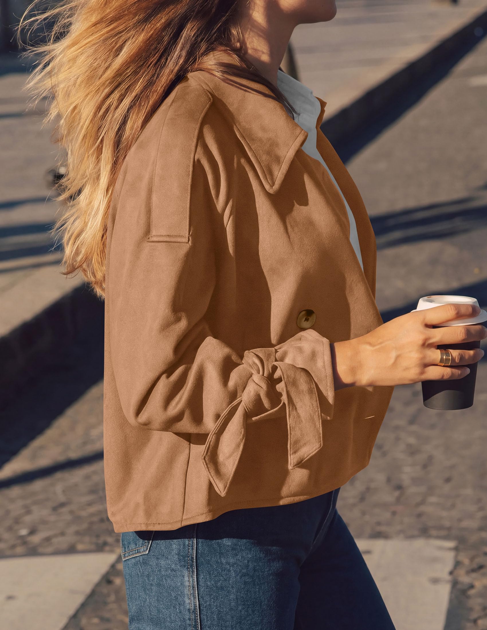 Women Faux Suede Double Breasted Trench Coat Cropped Jackets