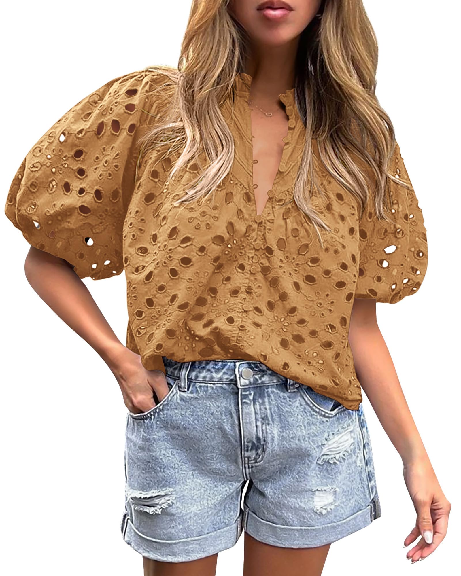 Womens Tops Boho Eyelet Puff Sleeve Blouse, Khaki,S