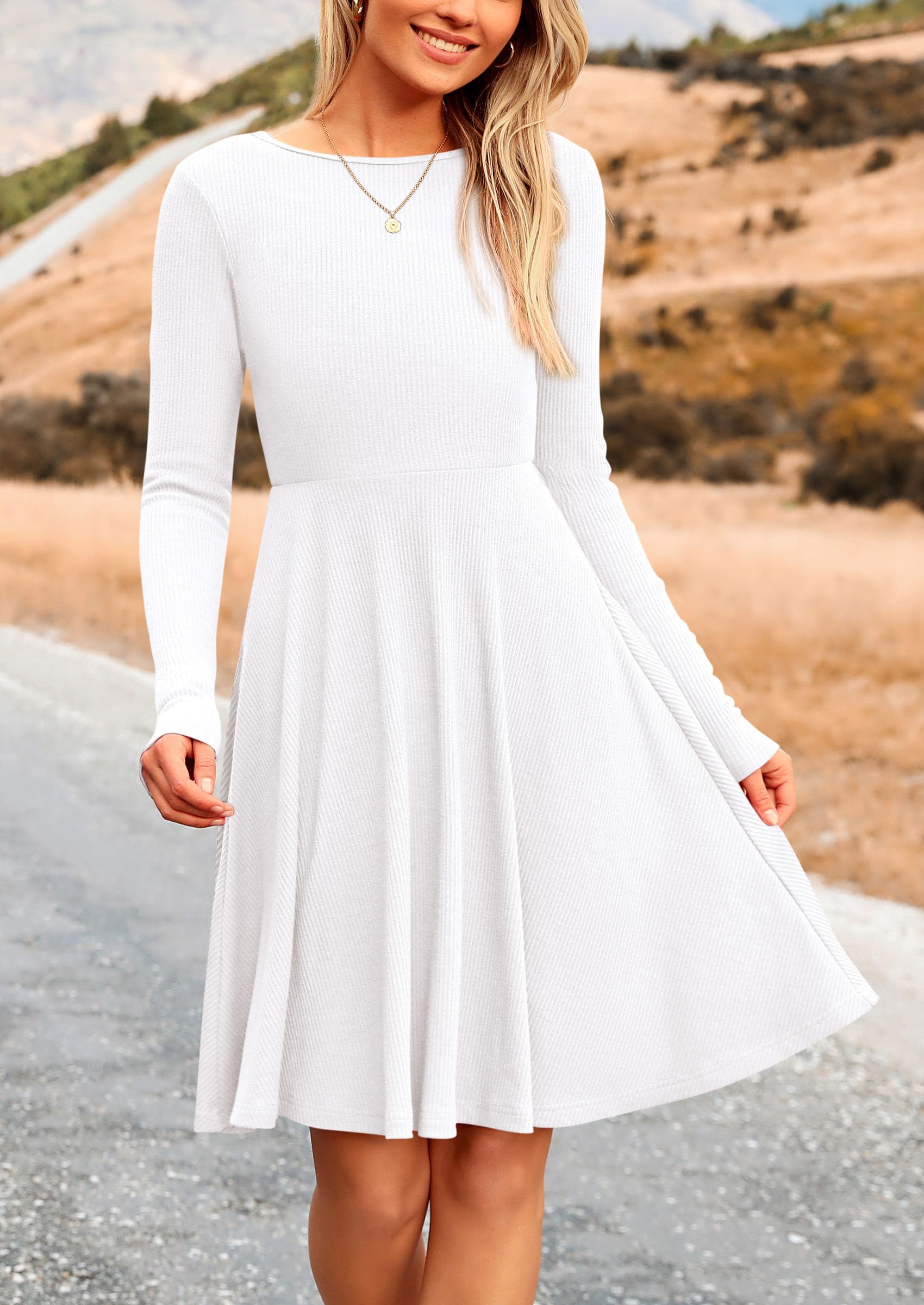Women's Fall Casual Long Sleeve Short Dress (White,XL)