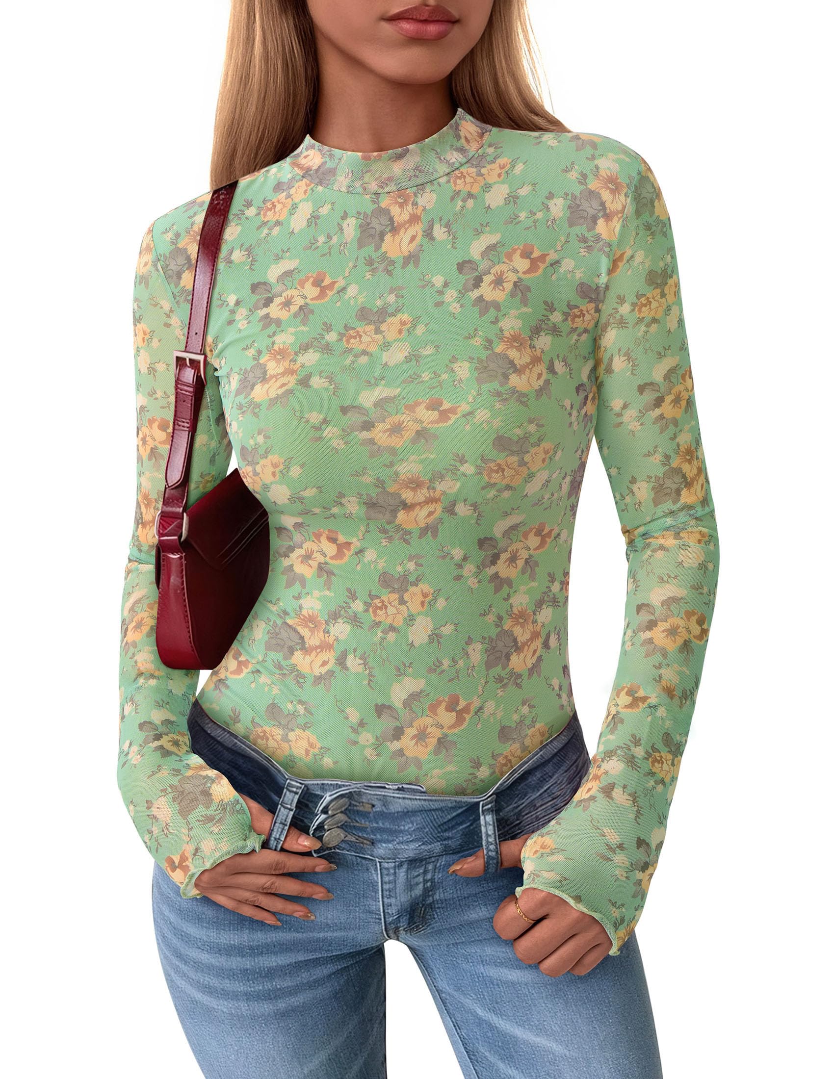 Womens Floral Mesh Long Sleeve Tops Fall Slim Fitted Shirts