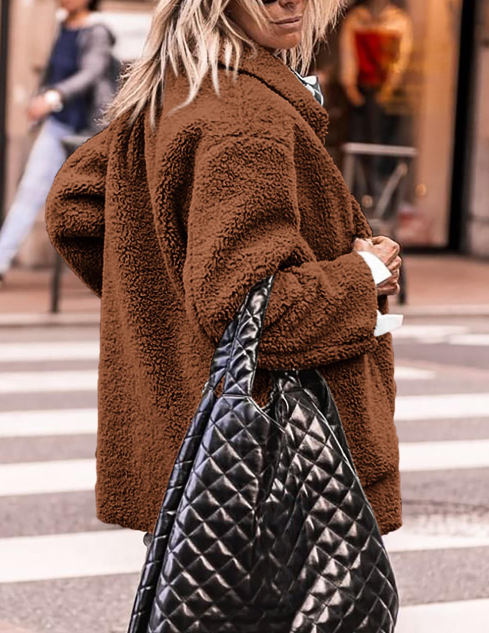 Women's Winter Faux Fur Coats Long Sleeve Lapel Button Down Pockets Fleece Sherpa Jacket Casual Trendy Outerwear (Brown,Small)