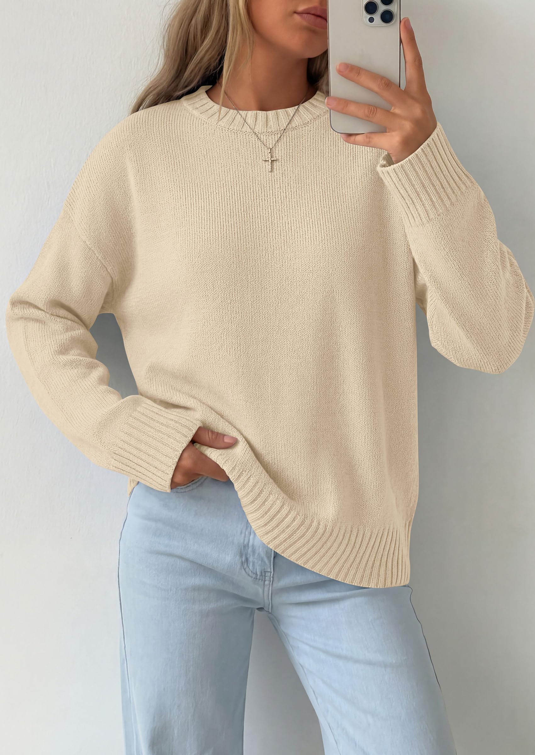 Oversized Sweater Women's Crewneck Long Sleeve Tops Beige