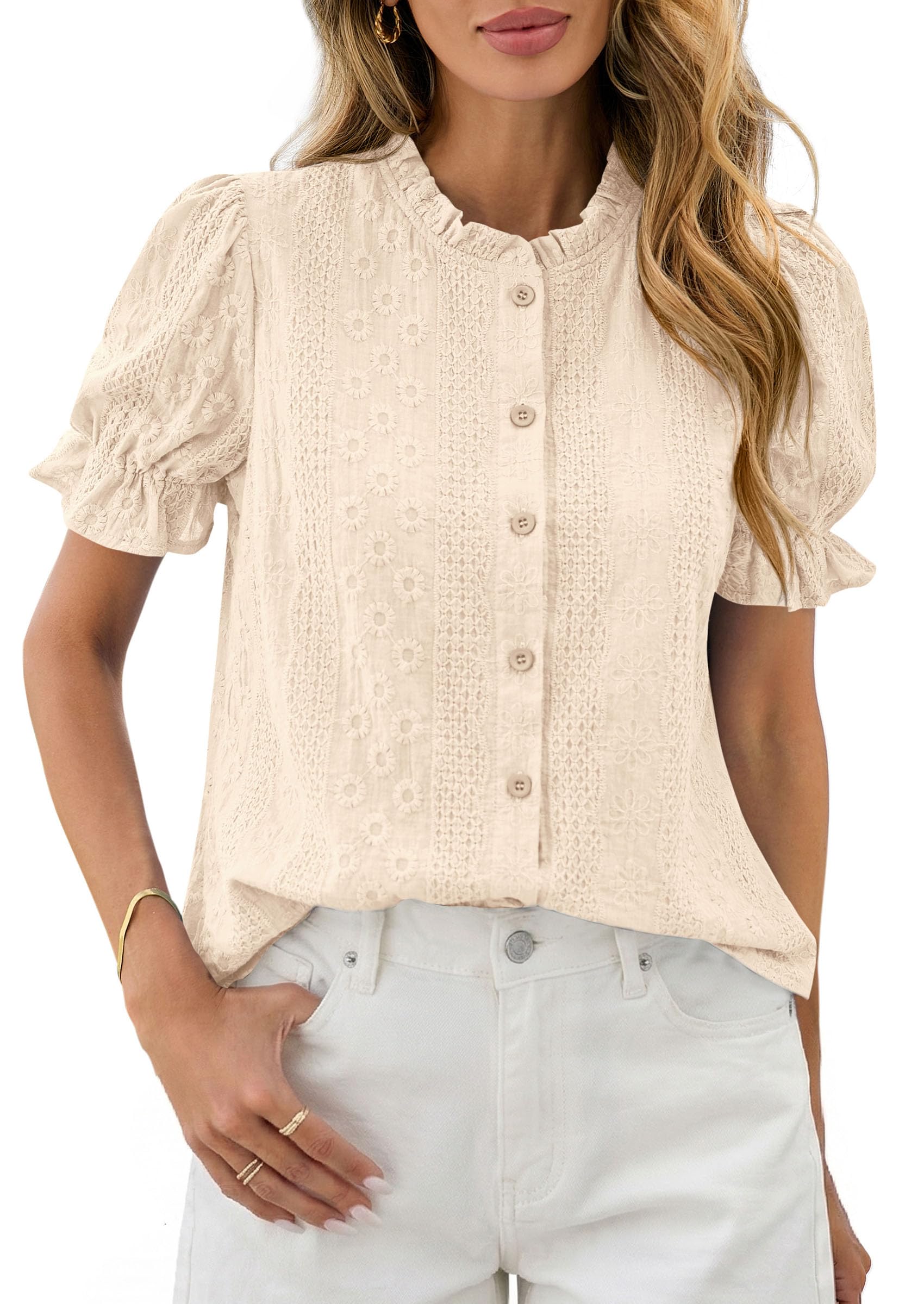 Womens Embroidered Puff Short Sleeve Tops,Apricot,S
