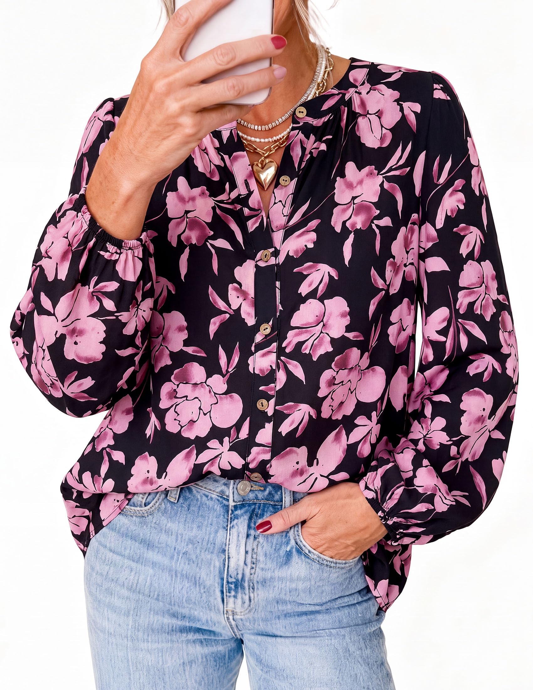 Women's Boho Tops Fall Long Sleeve Button Down Floral Blouses