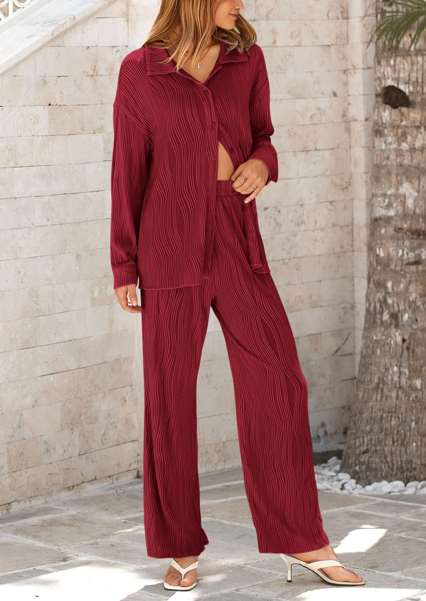 Womens 2 Piece Sets Button Down Lounge Tracksuit,Wine Red,S