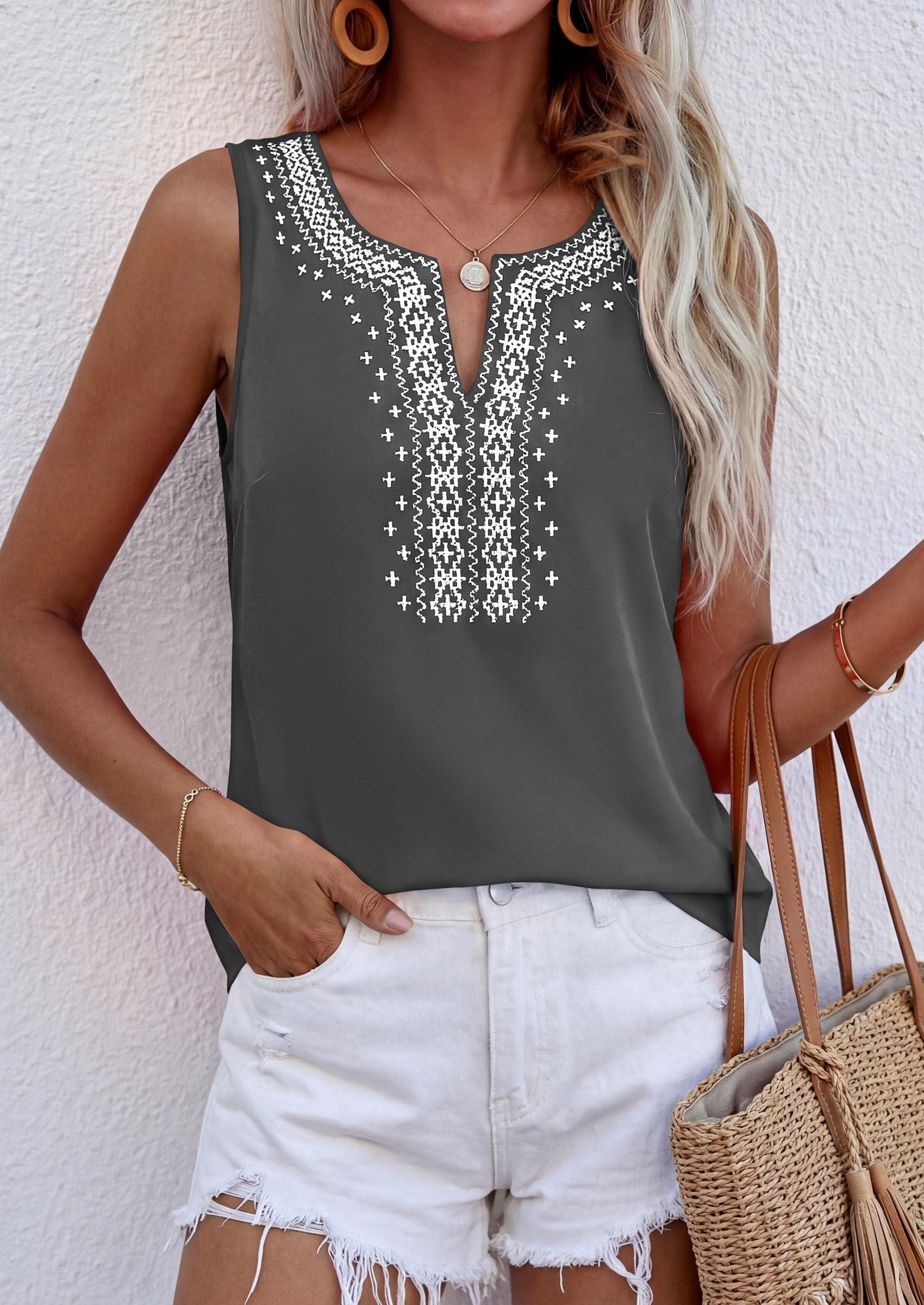 Womens Embroidered Sleeveless Tank Tops Grey,S