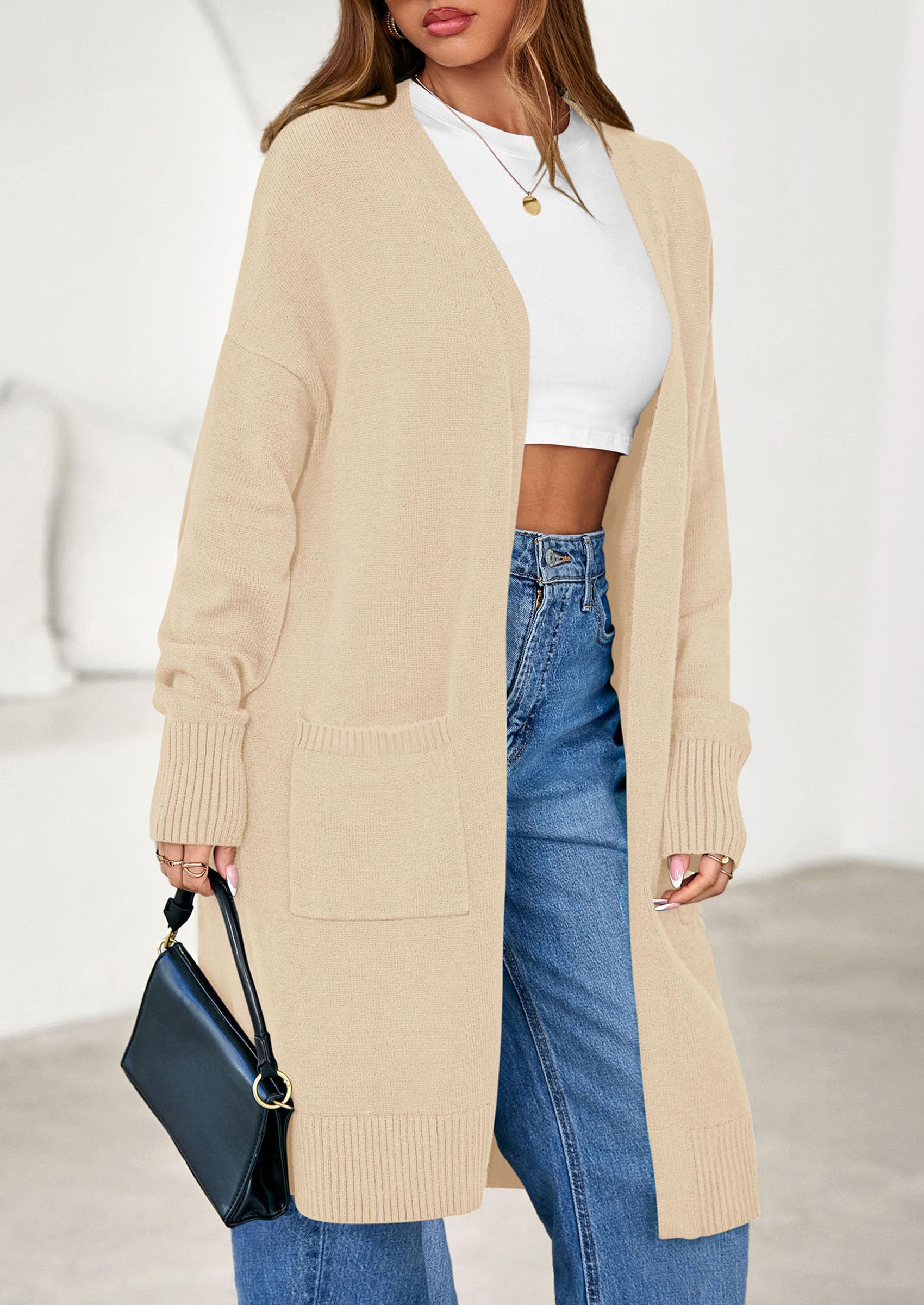 Women's Oversized Open Front Long Knit Cardigan,Apricot,L