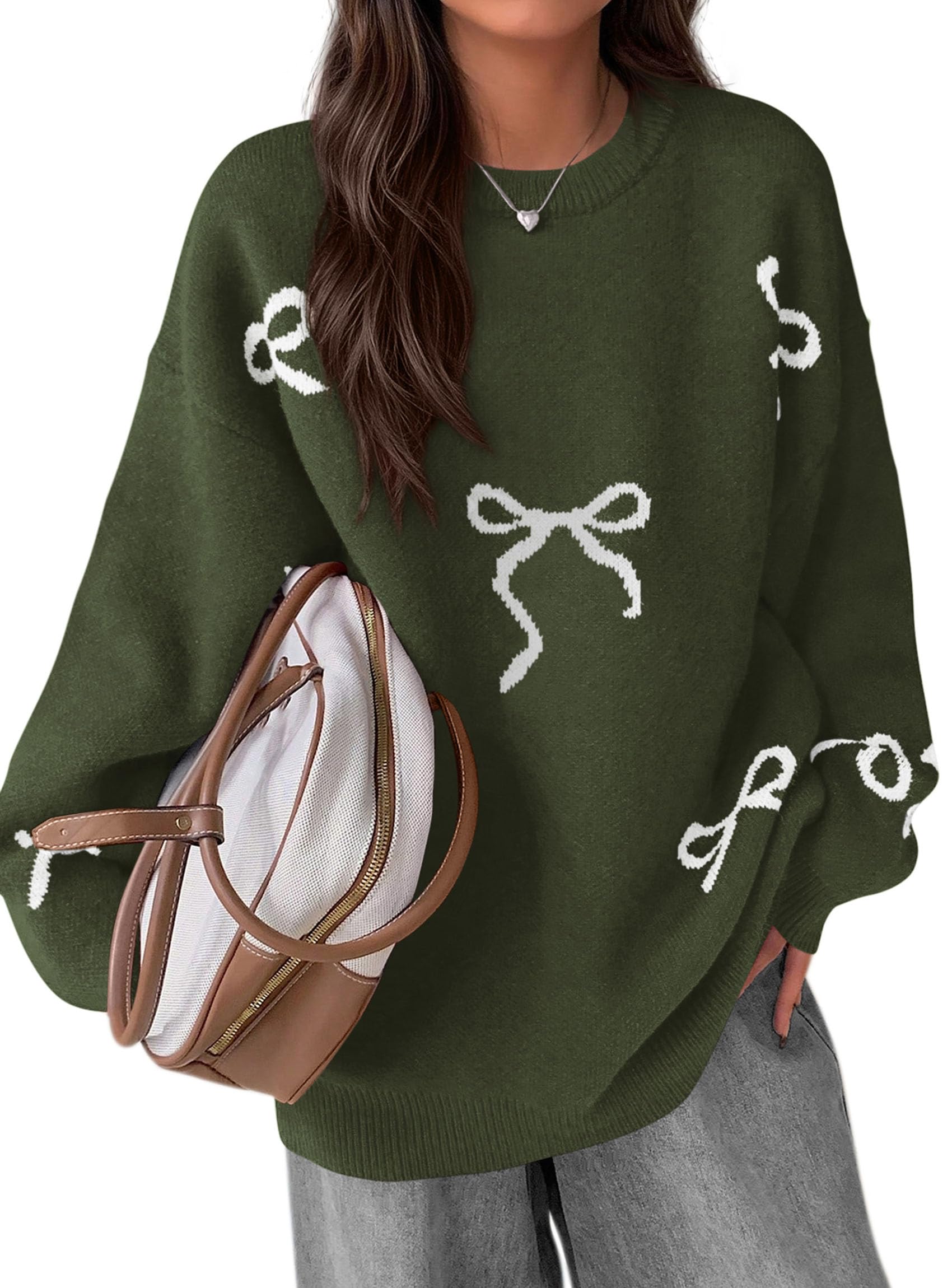 Fall Long Sleeve Pullover Sweaters for Women 2026 Trendy Crewneck Casual Cute Bow Chunky Knit Oversized Sweater (Army Green,Small)