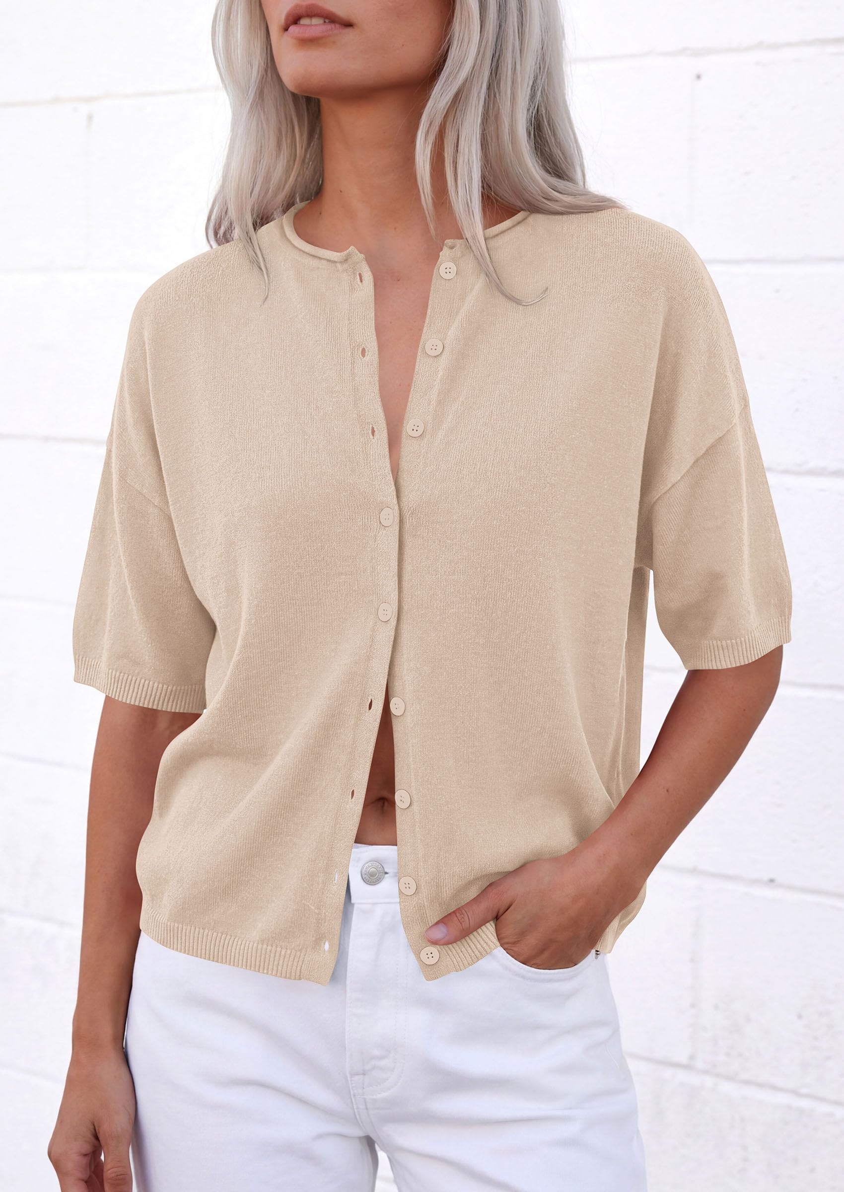 Women's Short Sleeve Cardigan Sweaters (Light Khaki,Small)