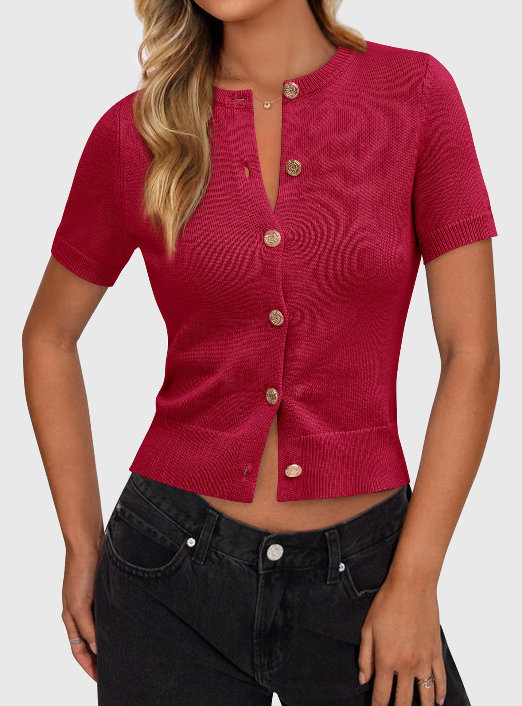 Womens Summer Cardigan Short Sleeve Sweater,Red,S