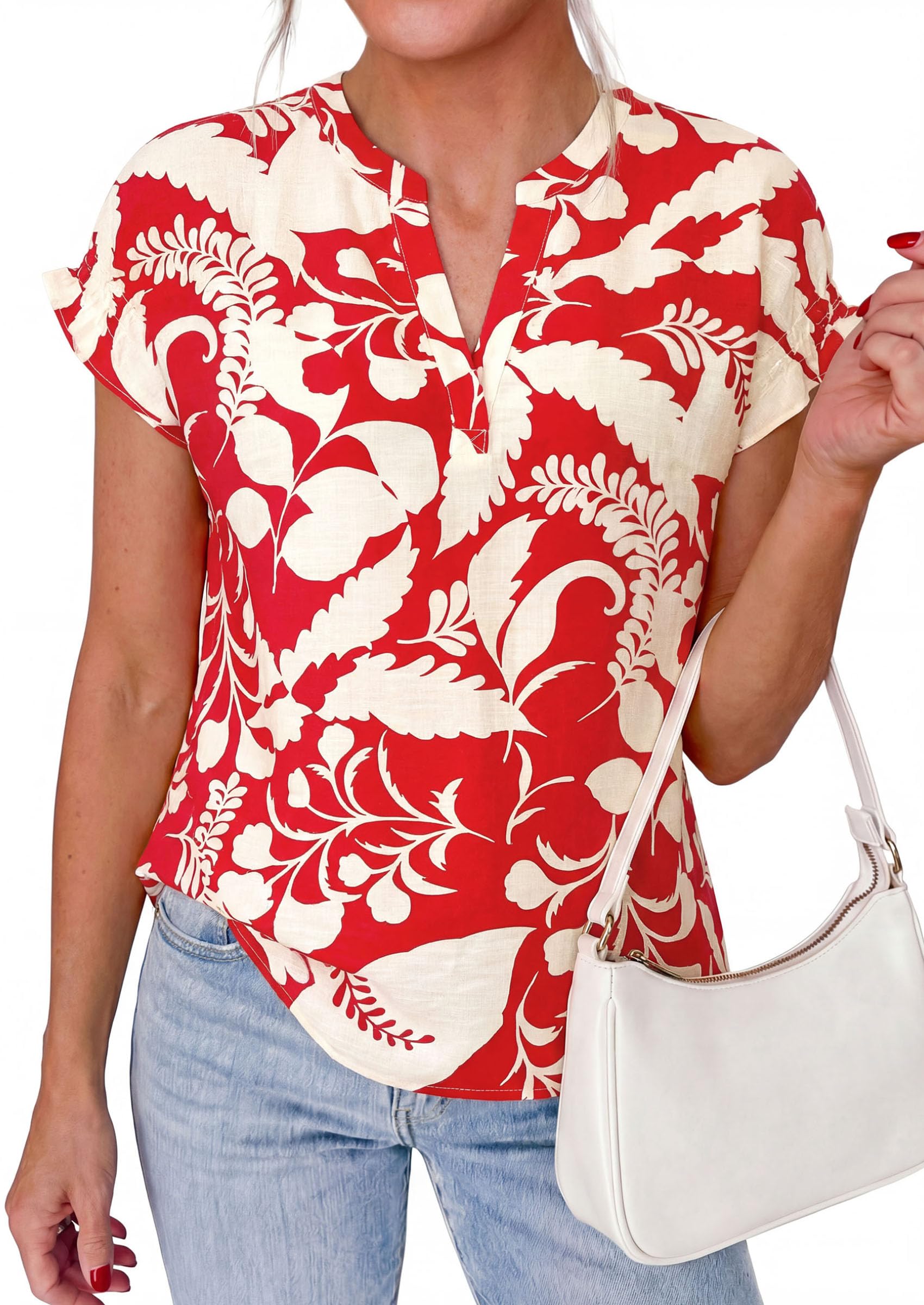 Womens Floral Short Sleeve Blouses,Red,S