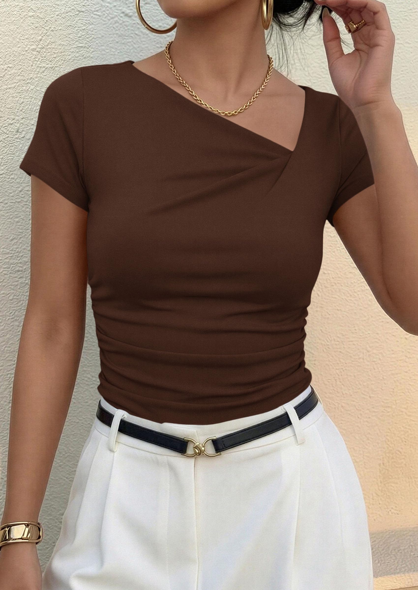 Women's Summer Trendy Asymmetrical Y2K Tops (Brown,S)