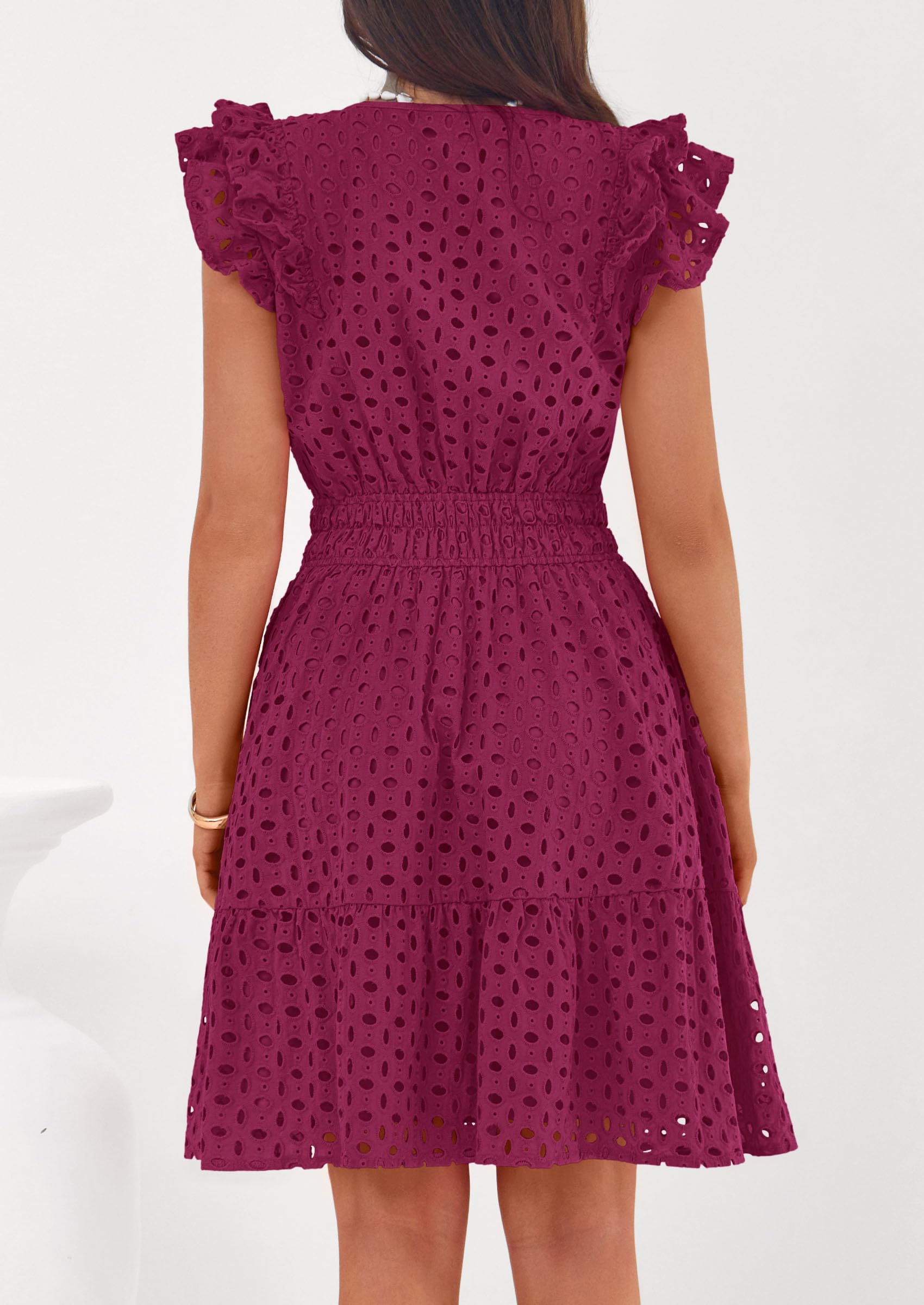 Women's Summer V Neck Eyelet Short Dress (Burgundy,Small)