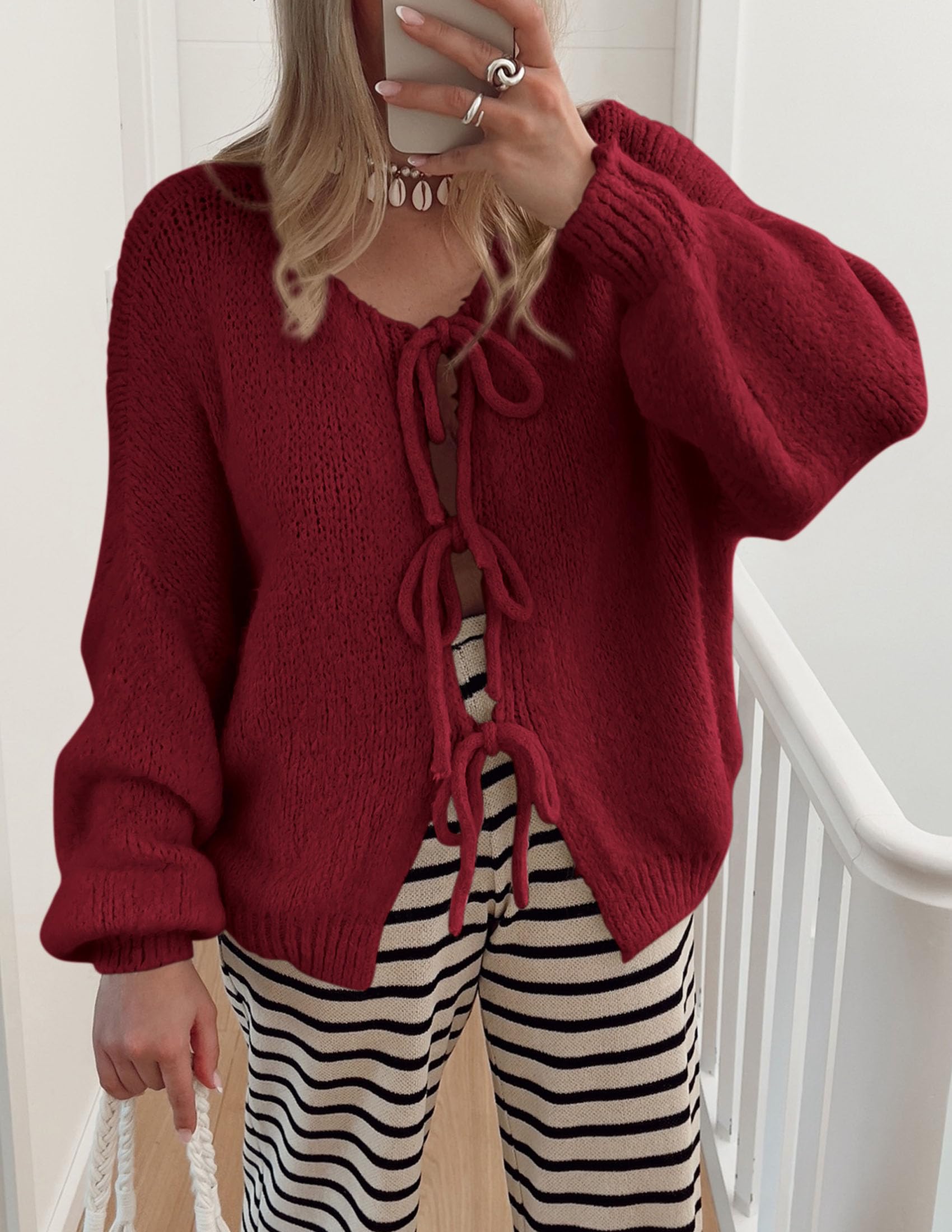 Women's Tie Front Bow Cardigan Sweaters(Wine Red,Small)