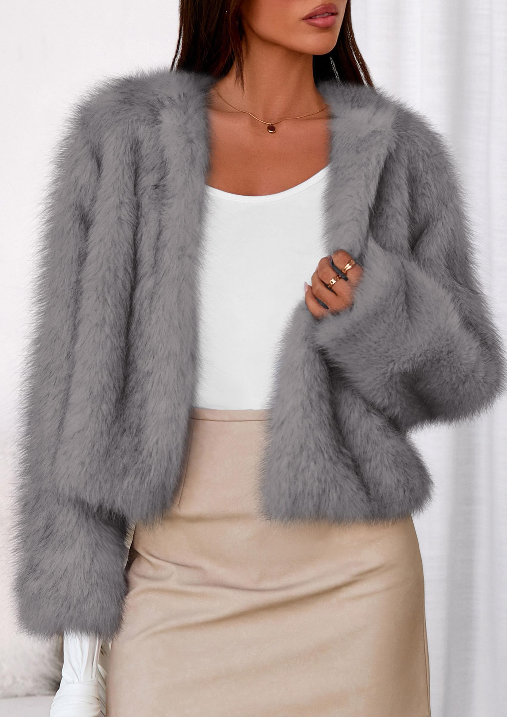 Womens Winter Coats Open Front Faux Fur Jacket,Grey,XXL