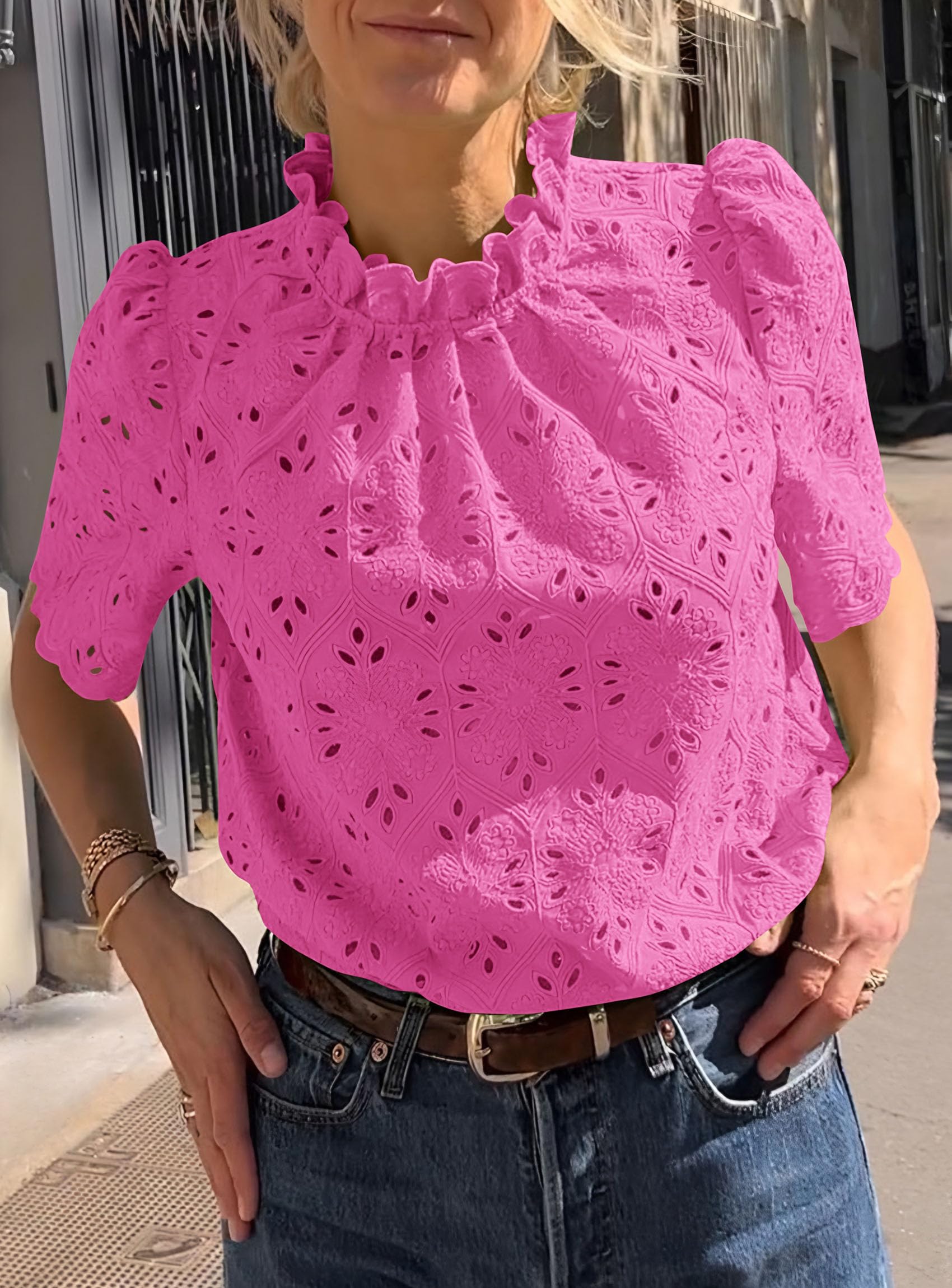 Women Summer Tops Eyelet Embroidered Shirts,Rose Red,XS