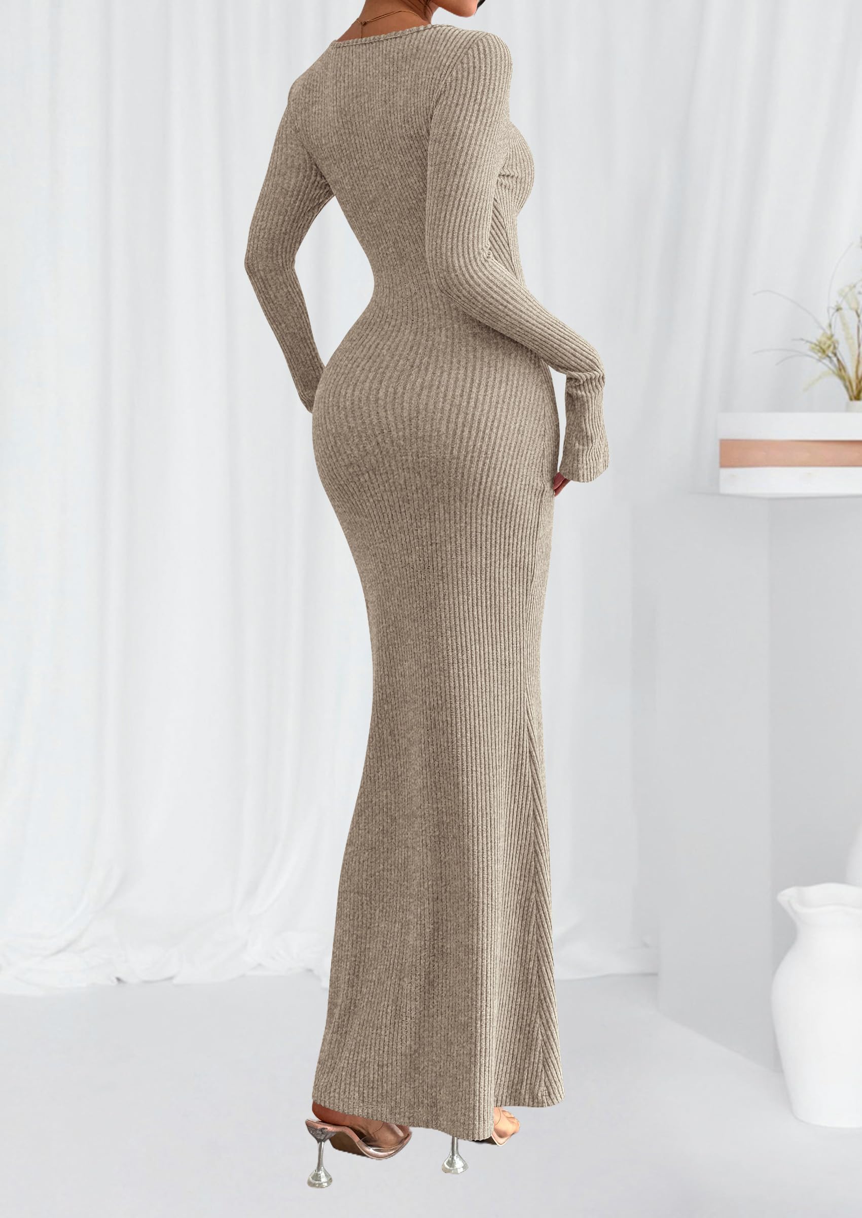 Women's Fall Long Sleeve Bodycon Maxi Dresses (Apricot,XS)