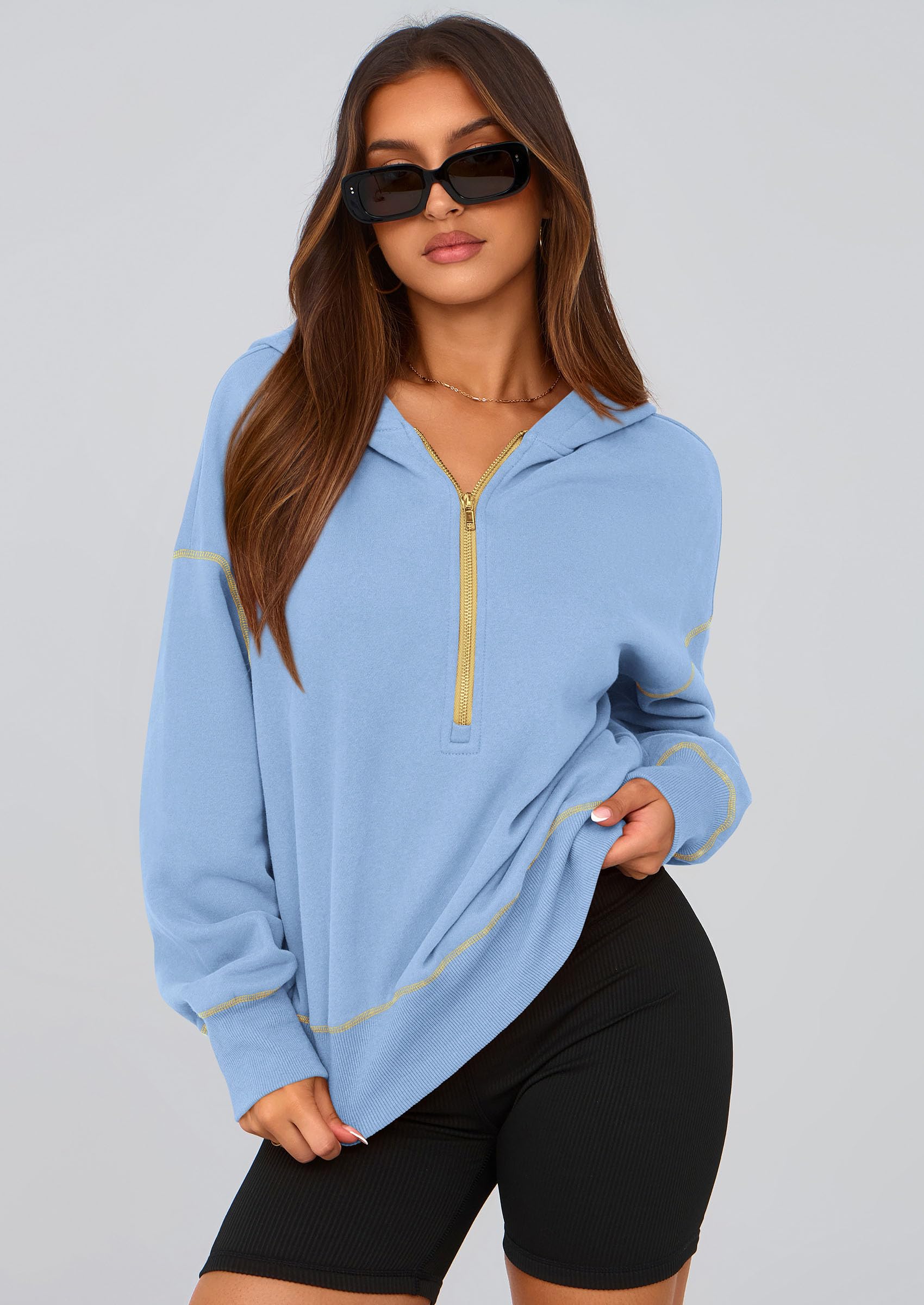 Women's Fall Half Zip Cropped Hoodie Sweatshirt Sky Blue
