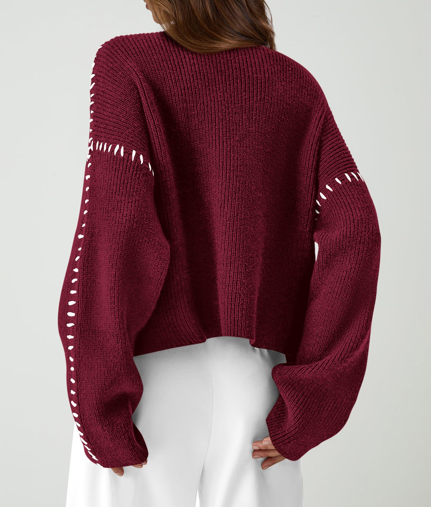 Womens Chunky Knit Oversized Pullover Sweaters,Wine Red,S