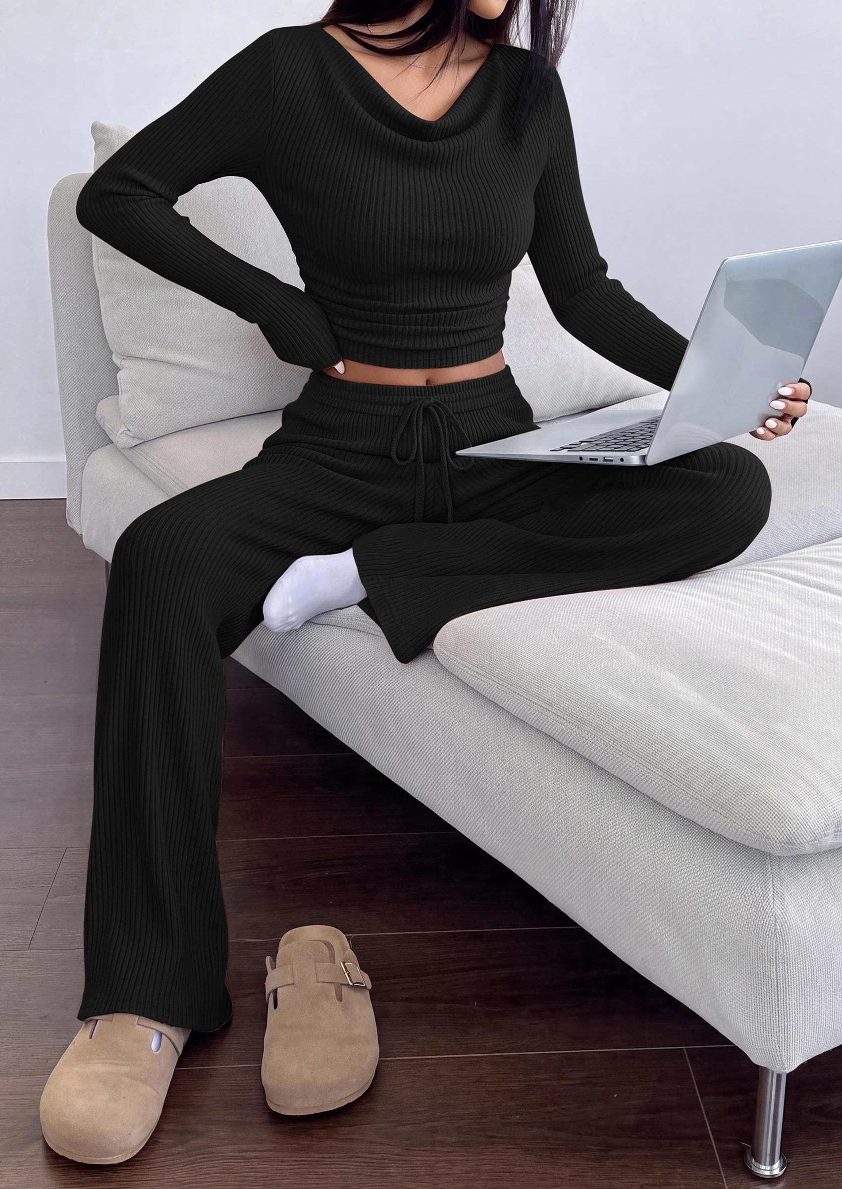 Matching Sets Women Clothing Fall Ribbed 2 Piece Lounge Set
