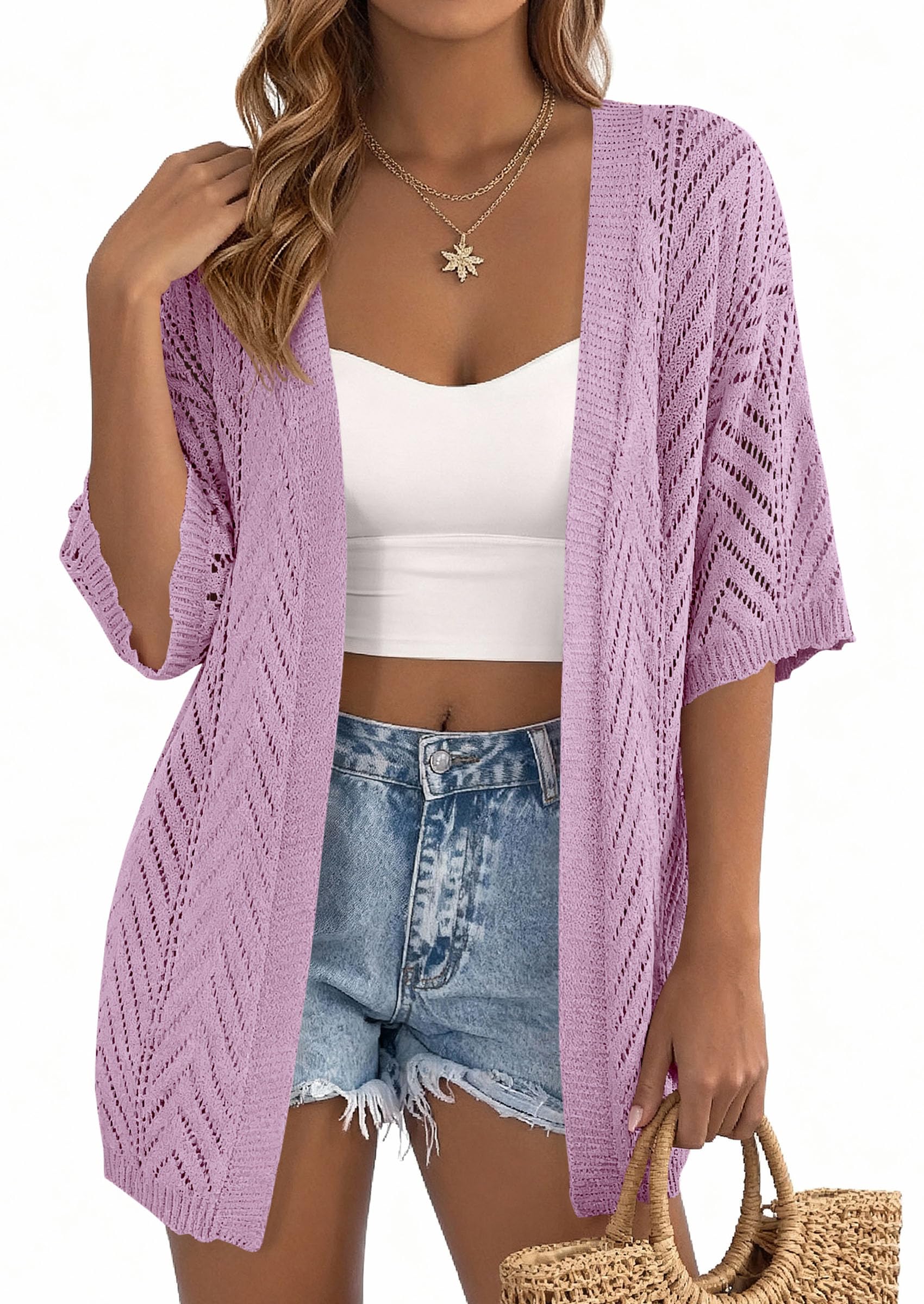 Women Lightweight Summer Short Sleeve Cardigan, Purple,S