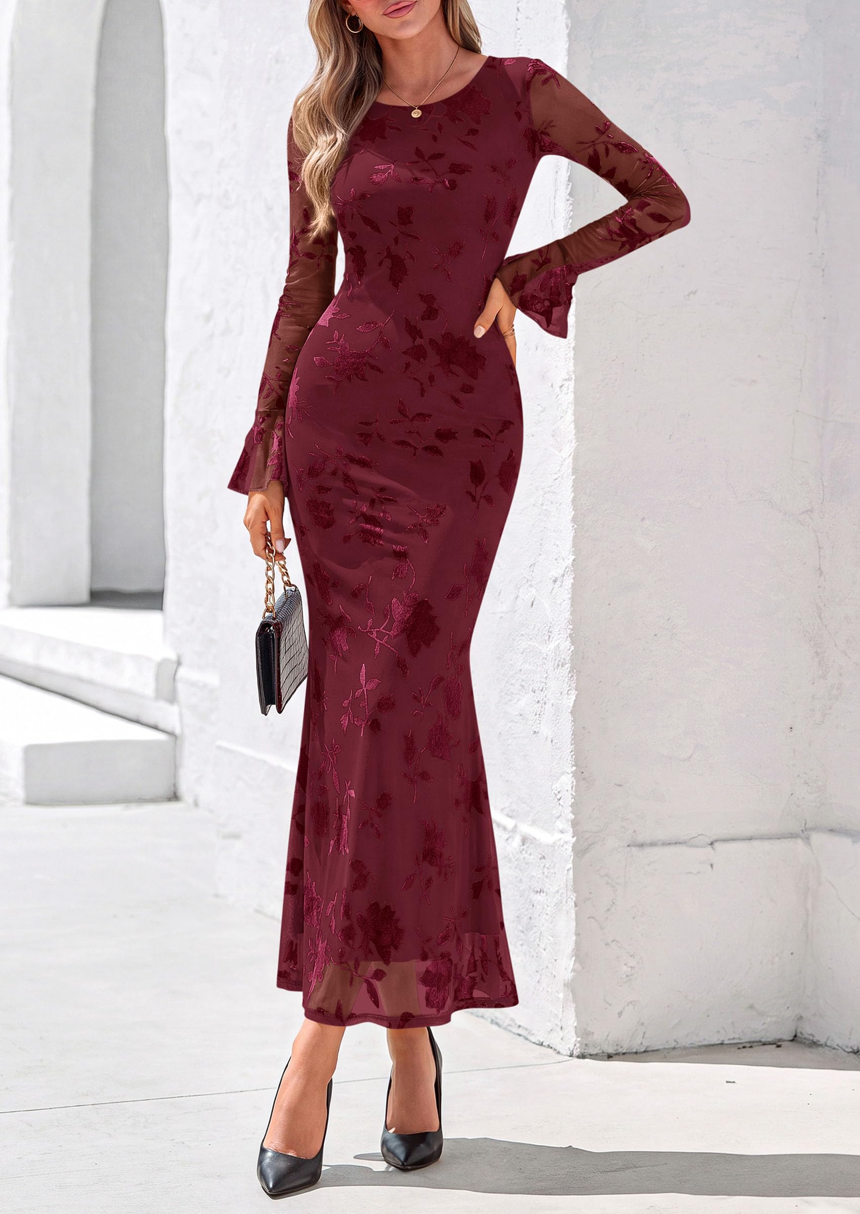 Women's Long Sleeve Maxi Floral Mesh Fall Wedding Guest Dress