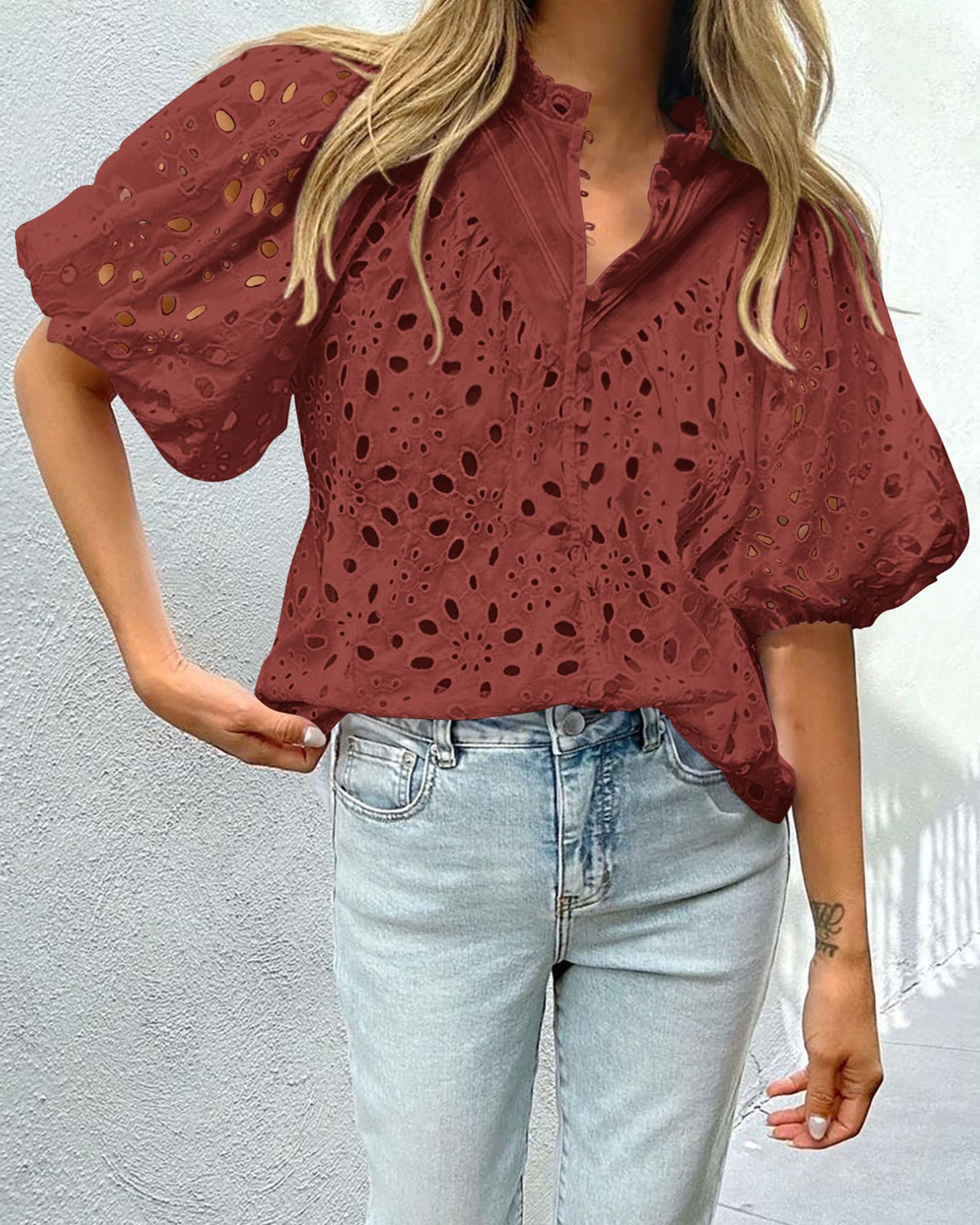 Womens Tops Boho Eyelet Puff Sleeve Blouse, Brown Red,S