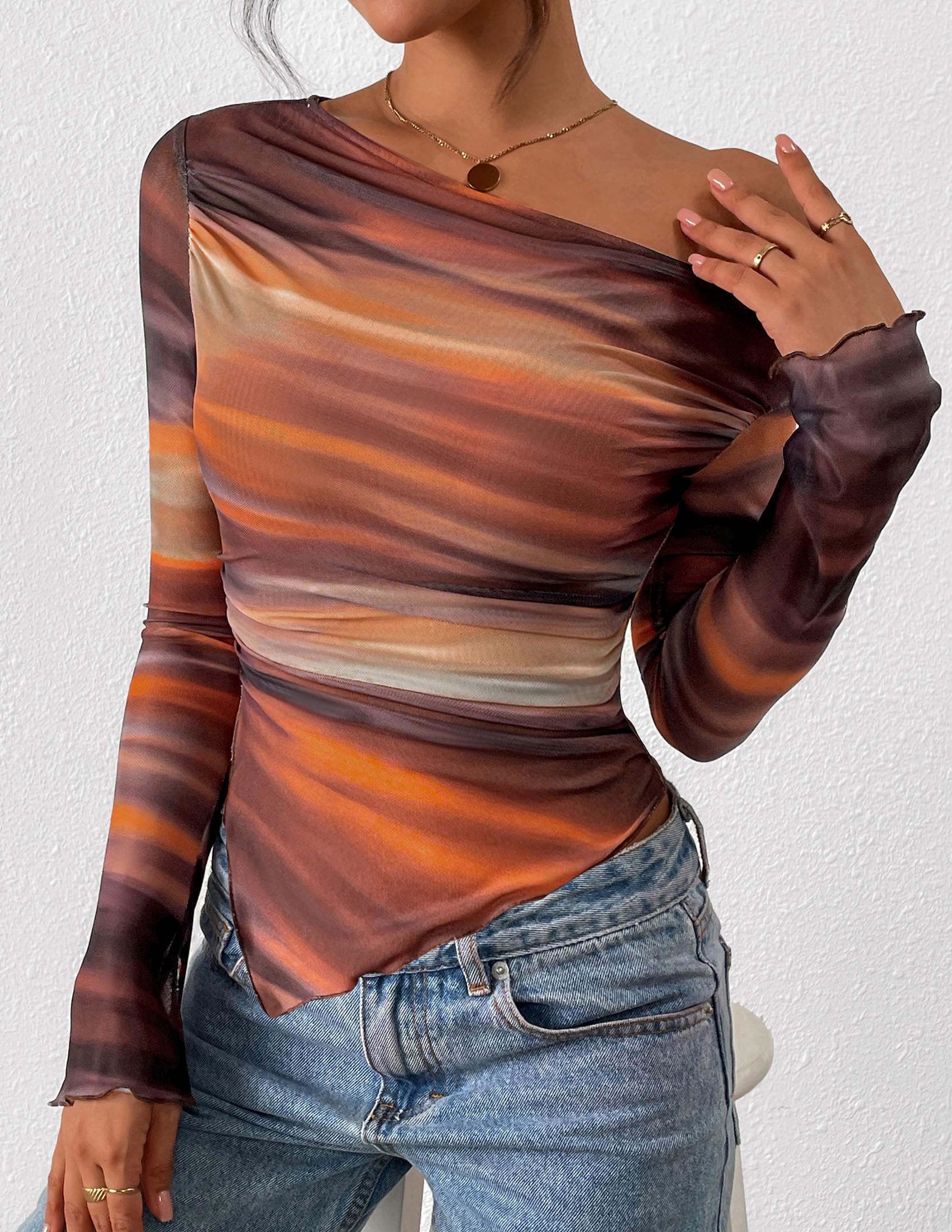 Womens Off Shoulder Mesh Y2k Tops,Floral Brown,M