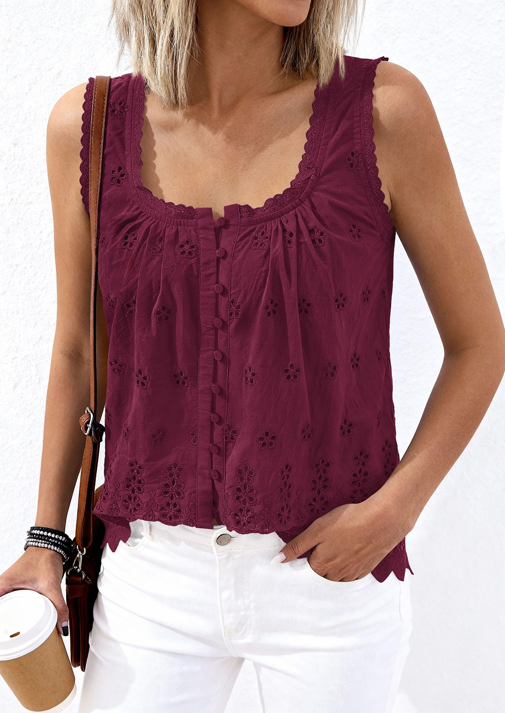 Women's Lace Tank Top Embroidery Eyelet Blouses,Burgundy,S