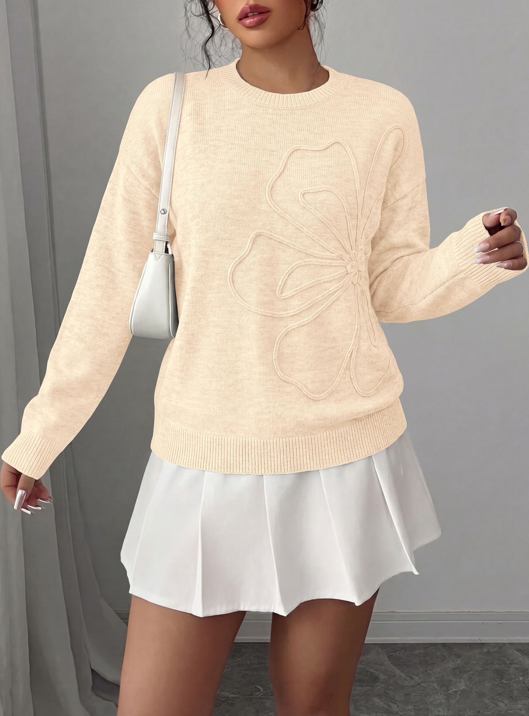 Sweaters for Women Fall Fashion Embroidered Floral Knit Tops