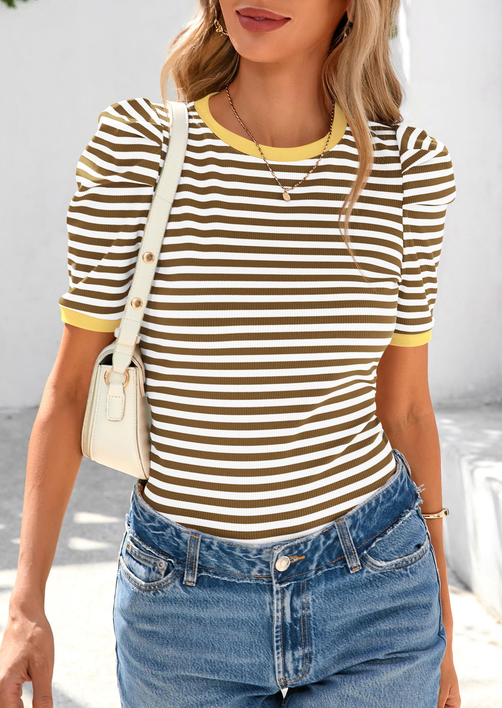 Ribbed Puff Short Sleeve Tops for Women Striped Shirt Khaki,XS