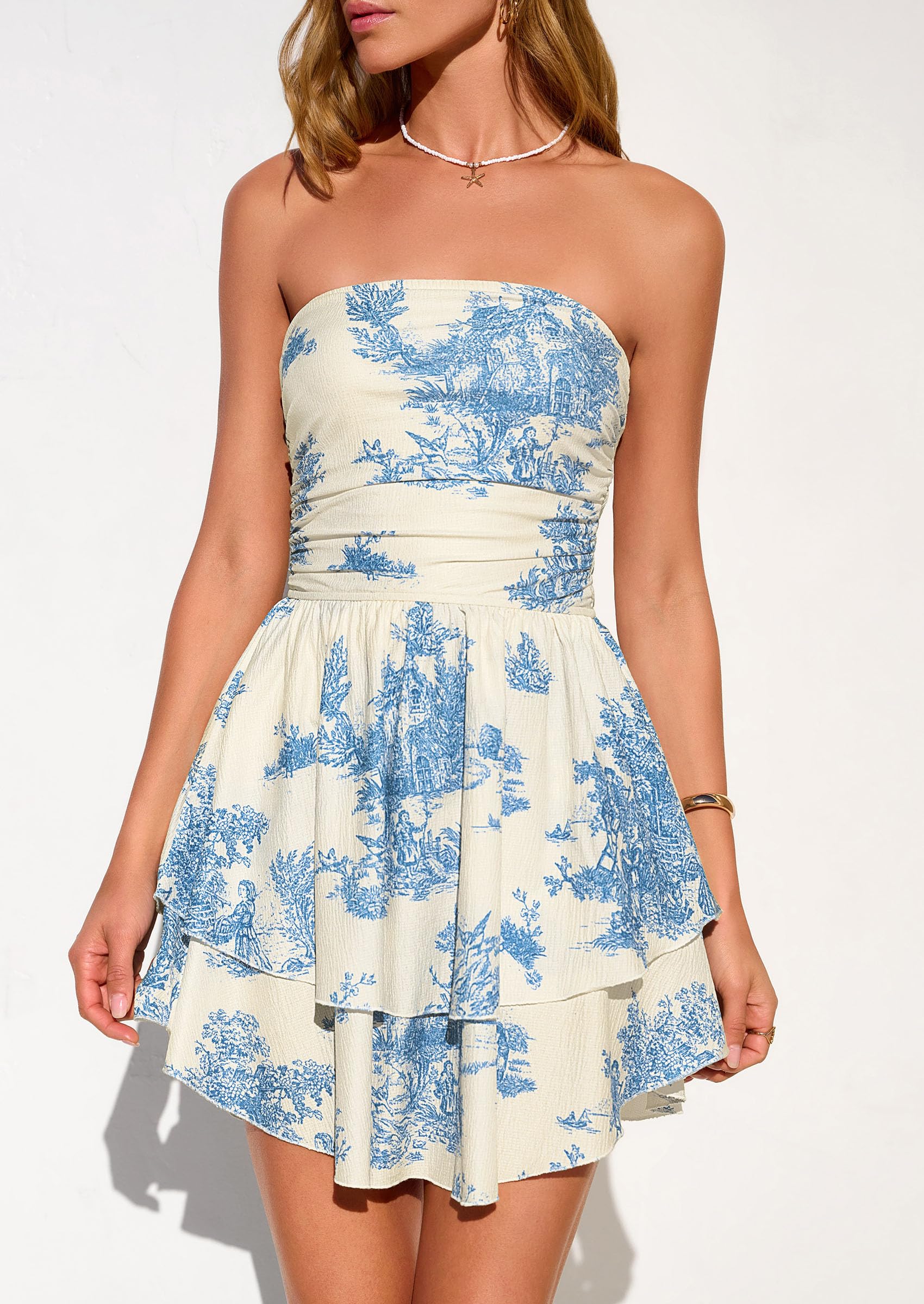 Women's Summer Strapless Flowy Mini Dresses (Floral Blue,S)