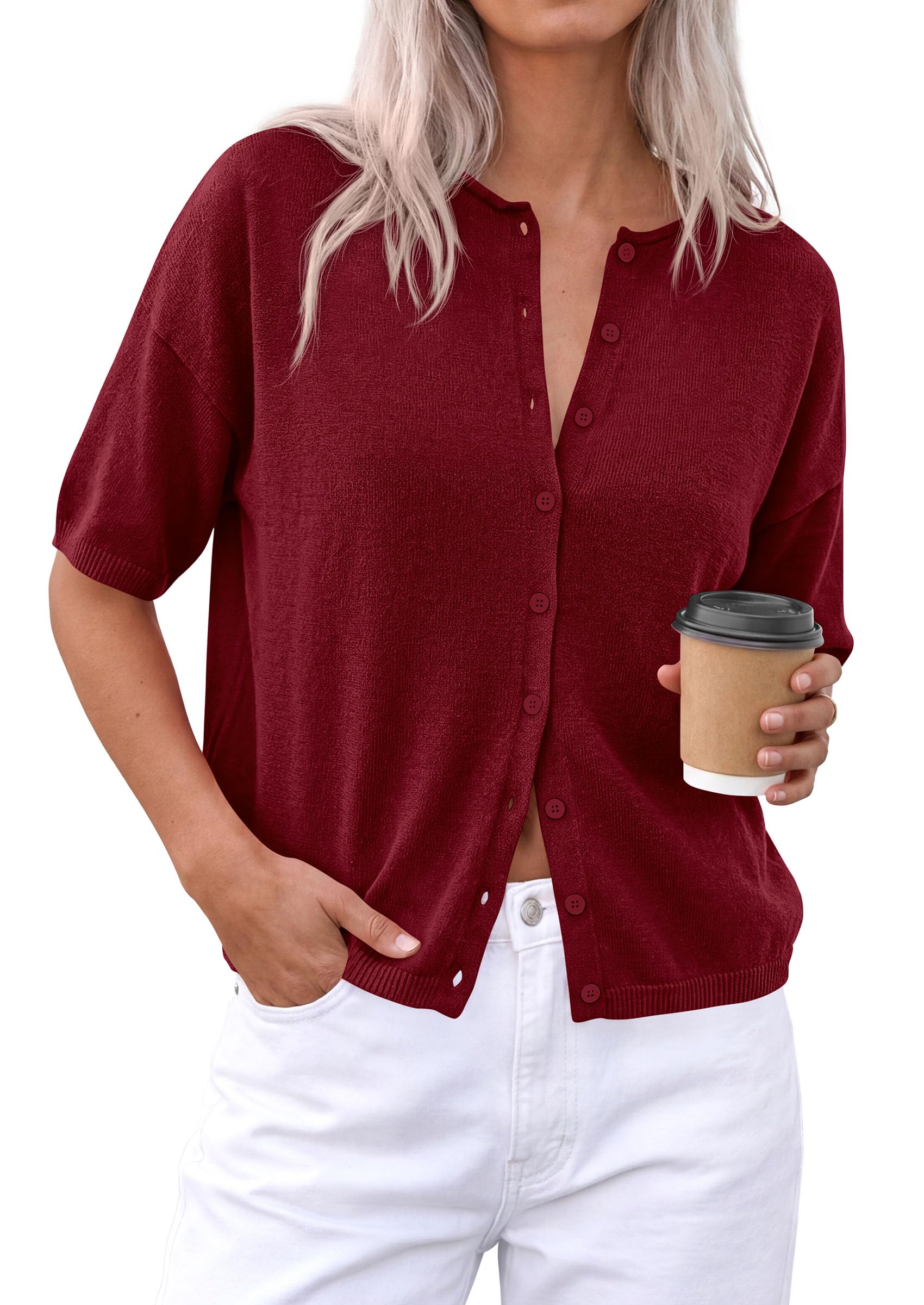 Women's Short Sleeve Cardigan Sweaters (Burgundy,Small)
