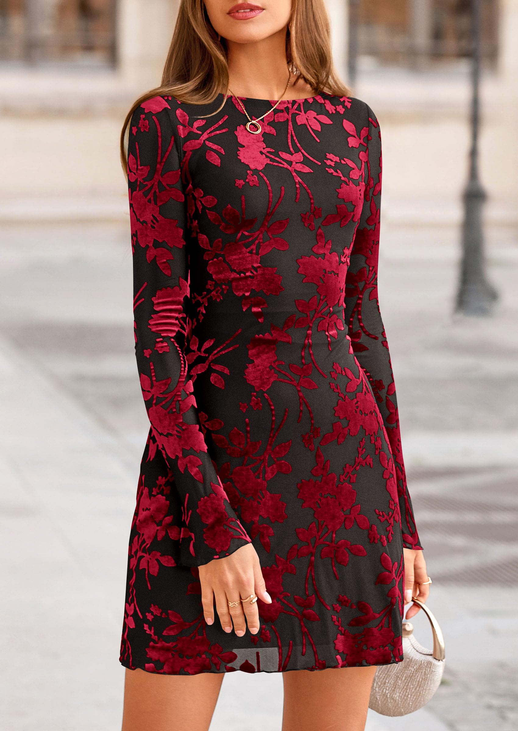 Women's Fall Floral Long Sleeve Mini Dress (Black Red,XS)