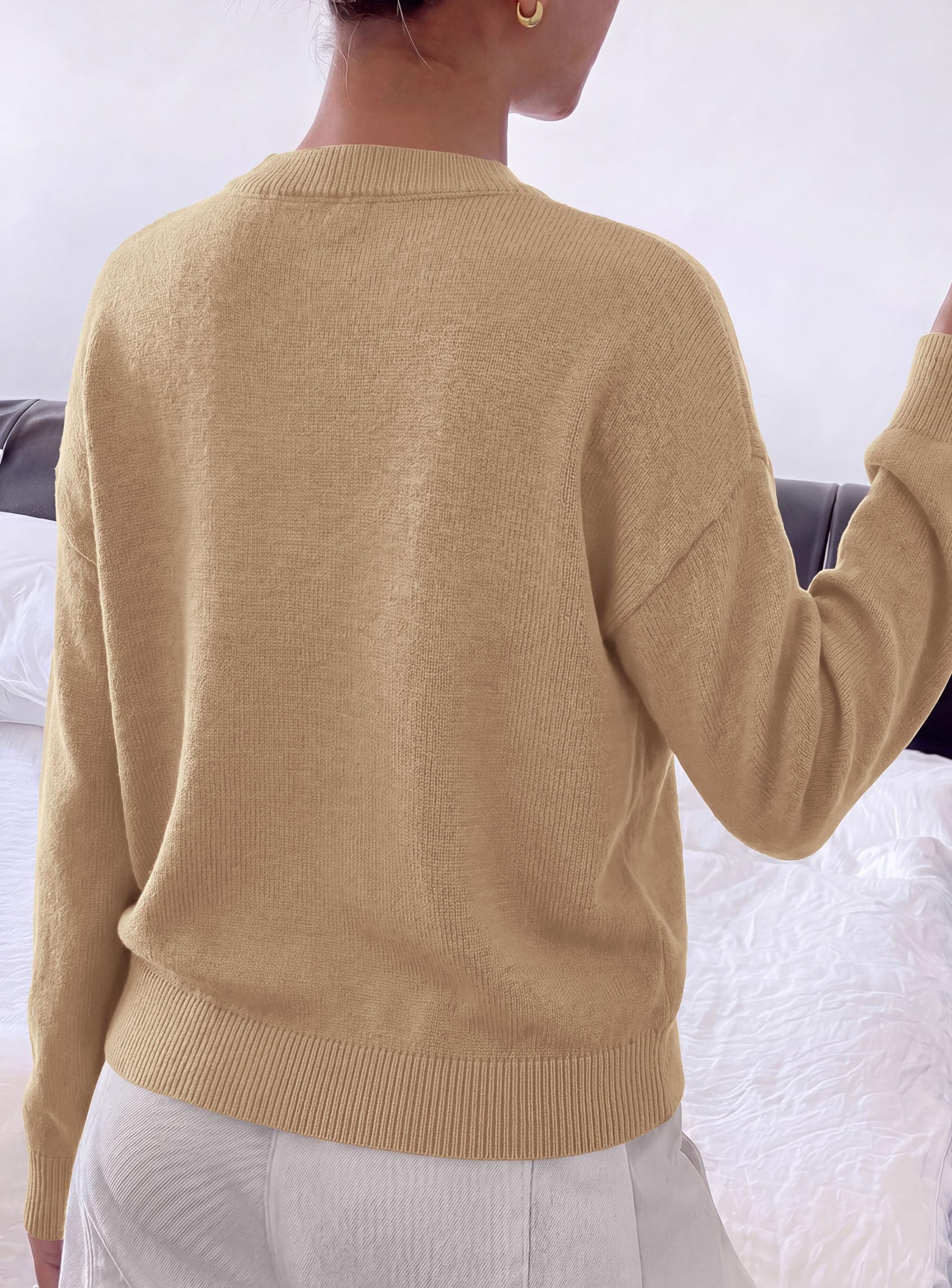 Womens Sweaters Floral Long Sleeve Knit Tops,Khaki,S
