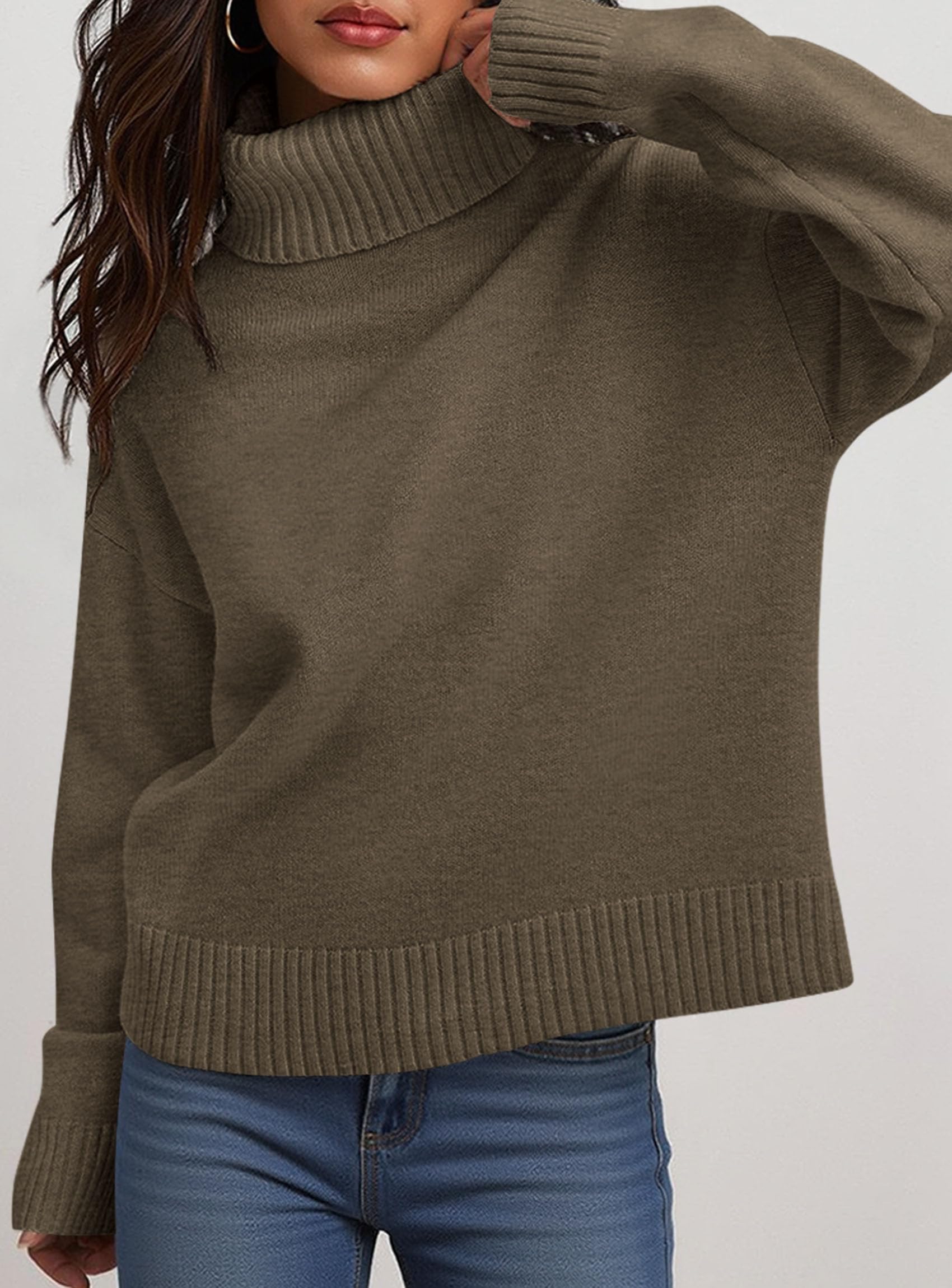 Womens Turtleneck Long Sleeve Knit Sweater,Dark Grey Green,S